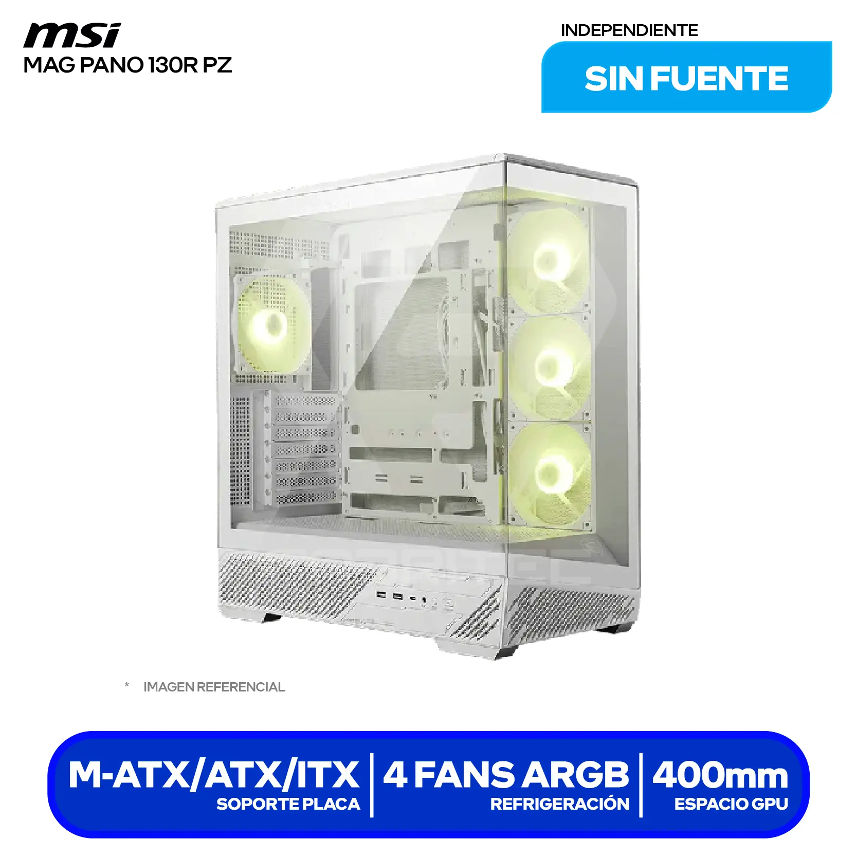 Case MSI MAG Pano 130R PZ White (MAG PANO 130R PZ WHITE) Sin fuente, Vidrio templado panorámico, 4 fans ARGB