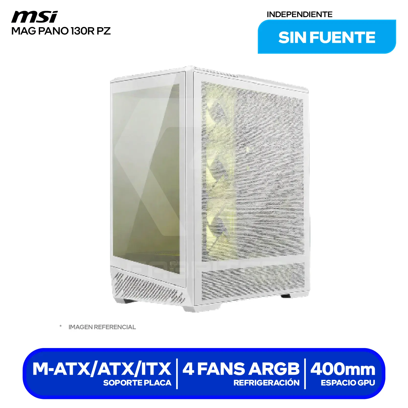 Case MSI MAG Pano 130R PZ White (MAG PANO 130R PZ WHITE) Sin fuente, Vidrio templado panorámico, 4 fans ARGB