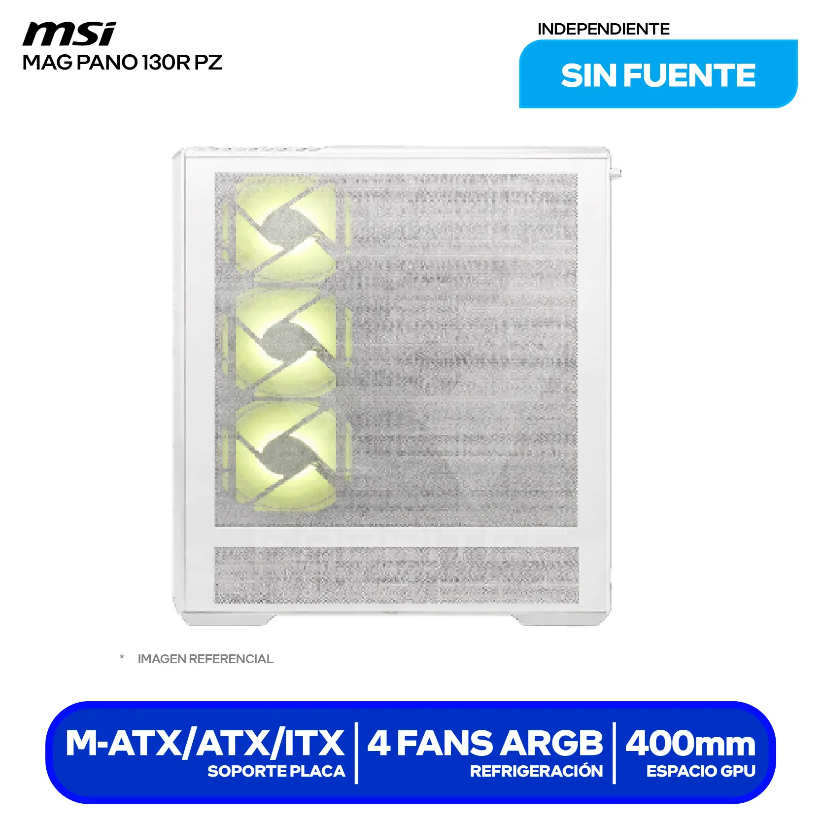 Case MSI MAG Pano 130R PZ White (MAG PANO 130R PZ WHITE) Sin fuente, Vidrio templado panorámico, 4 fans ARGB
