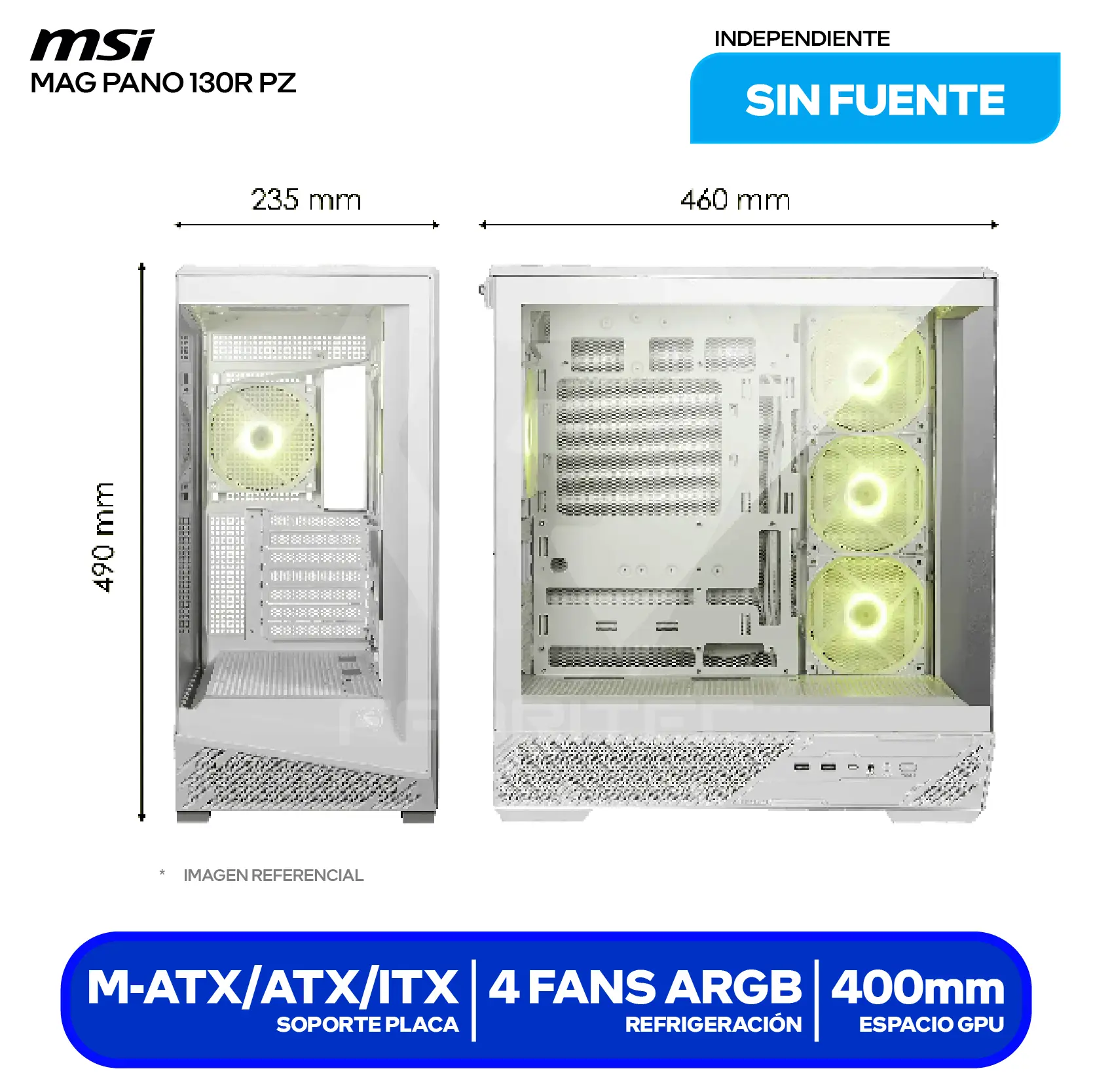 Case MSI MAG Pano 130R PZ White (MAG PANO 130R PZ WHITE) Sin fuente, Vidrio templado panorámico, 4 fans ARGB