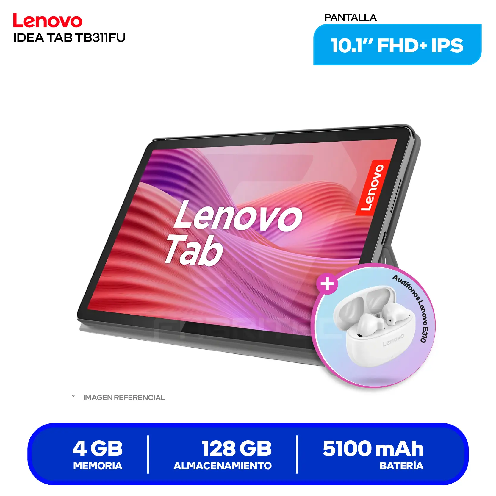 Tablet Lenovo Idea Tab (ZAEH0133PE) 4GB RAM, 128GB, 10.1'' WUXGA IPS, Wi-Fi, Incluye Folio Case