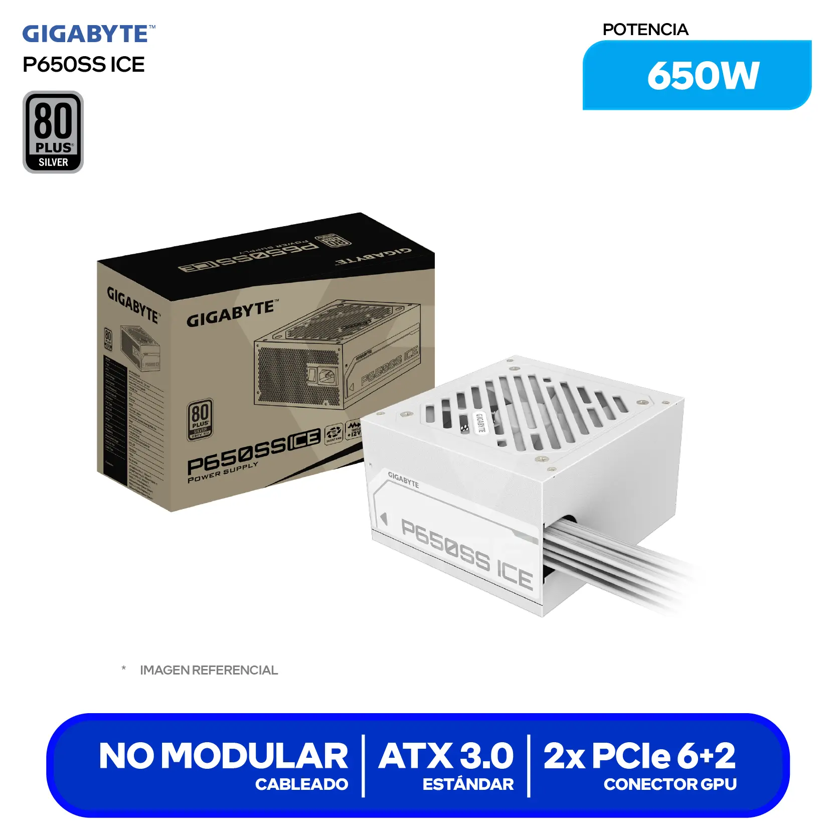 Fuente de Poder Gigabyte P650SS ICE 650W (GP-P650SS ICE) 80 Plus Silver, No Modular