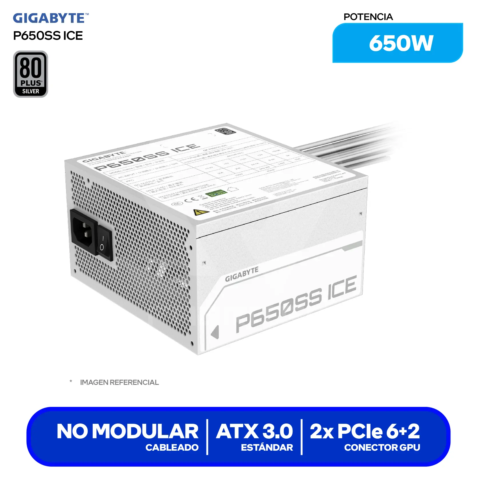 Fuente de Poder Gigabyte P650SS ICE 650W (GP-P650SS ICE) 80 Plus Silver, No Modular