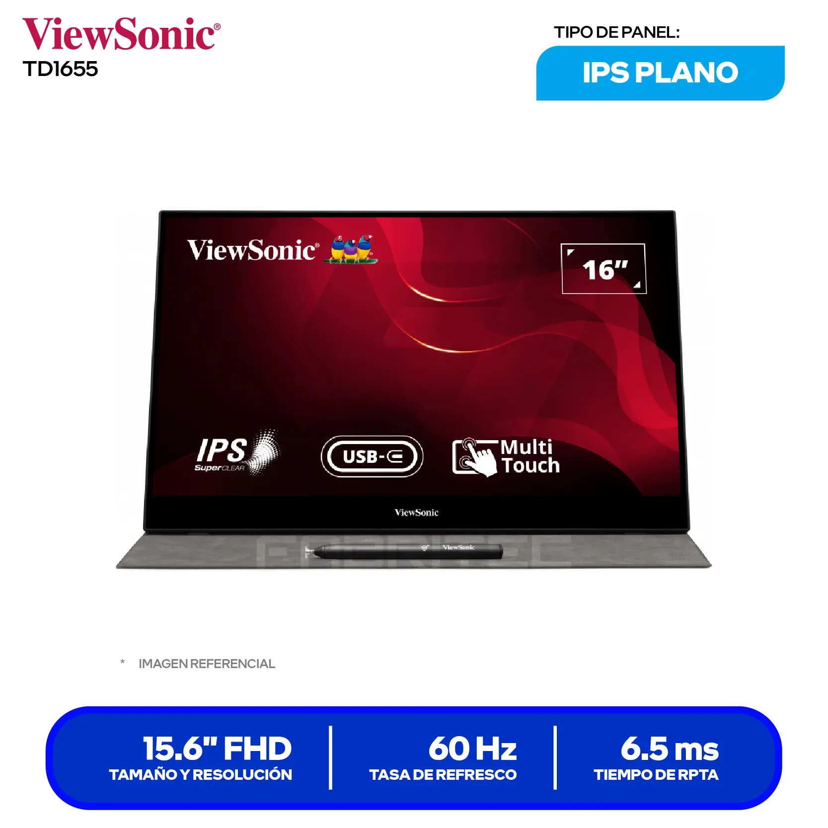 Monitor ViewSonic TD1655 Portátil 15.6" (VS18170) FHD, 60Hz, 6.5ms, Plano, Altavoces Integrados
