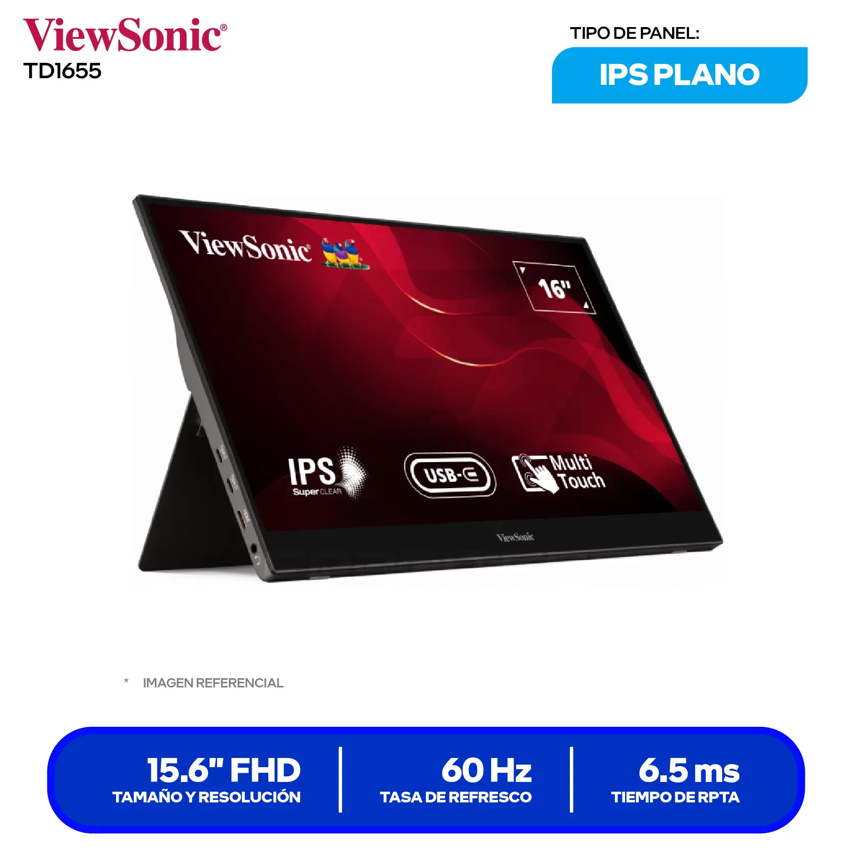 Monitor ViewSonic TD1655 Portátil 15.6" (VS18170) FHD, 60Hz, 6.5ms, Plano, Altavoces Integrados