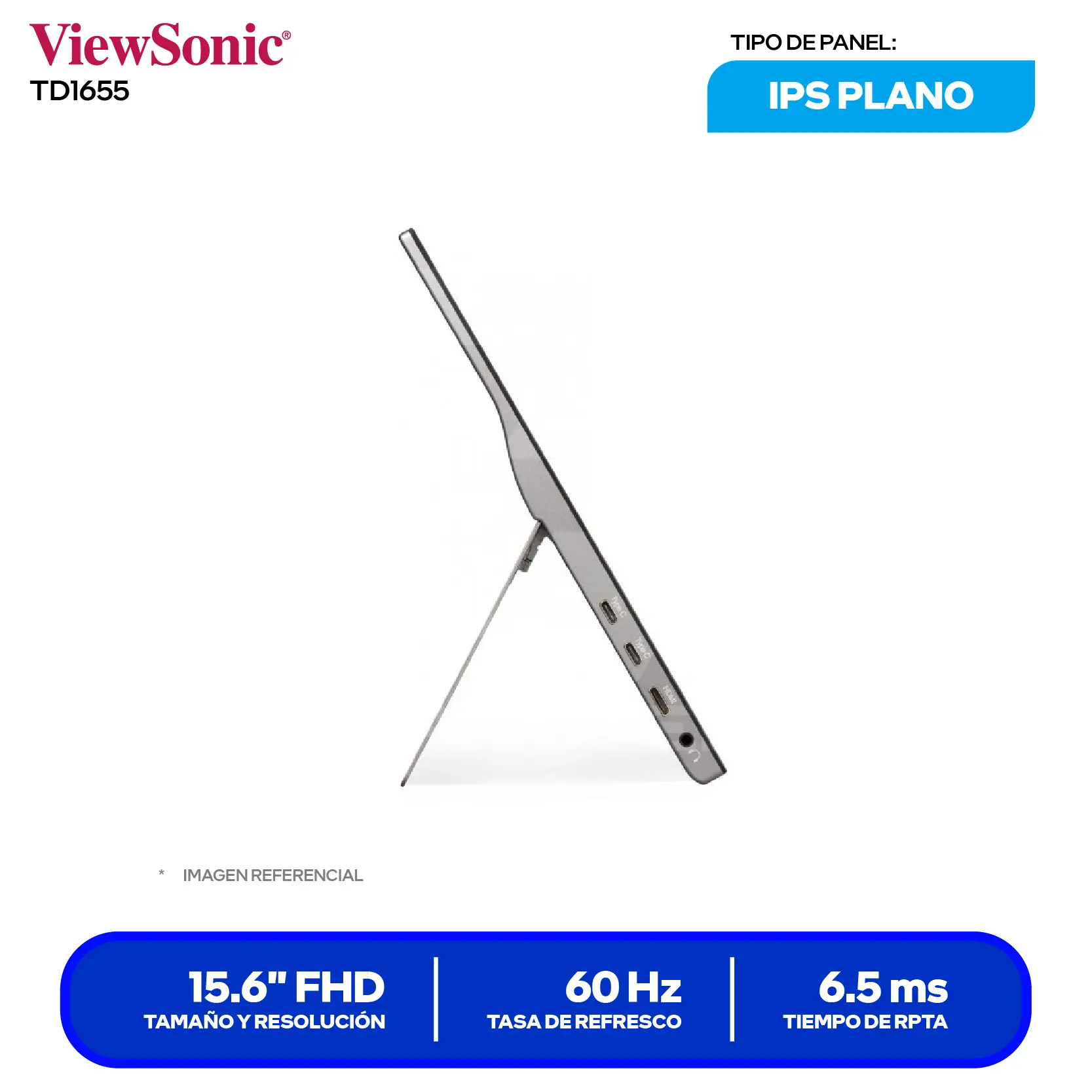 Monitor ViewSonic TD1655 Portátil 15.6" (VS18170) FHD, 60Hz, 6.5ms, Plano, Altavoces Integrados