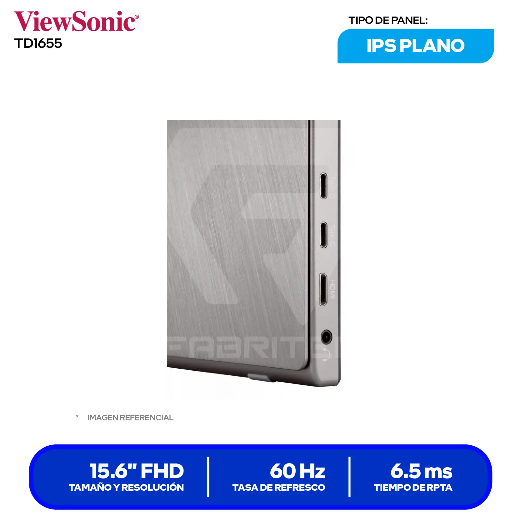 Monitor ViewSonic TD1655 Portátil 15.6" (VS18170) FHD, 60Hz, 6.5ms, Plano, Altavoces Integrados