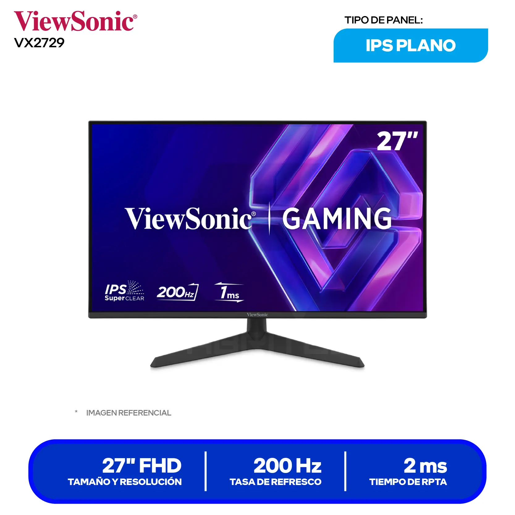 Monitor ViewSonic 27" (VX2729) FHD, 200Hz, 2ms, Plano, Altavoces Integrados