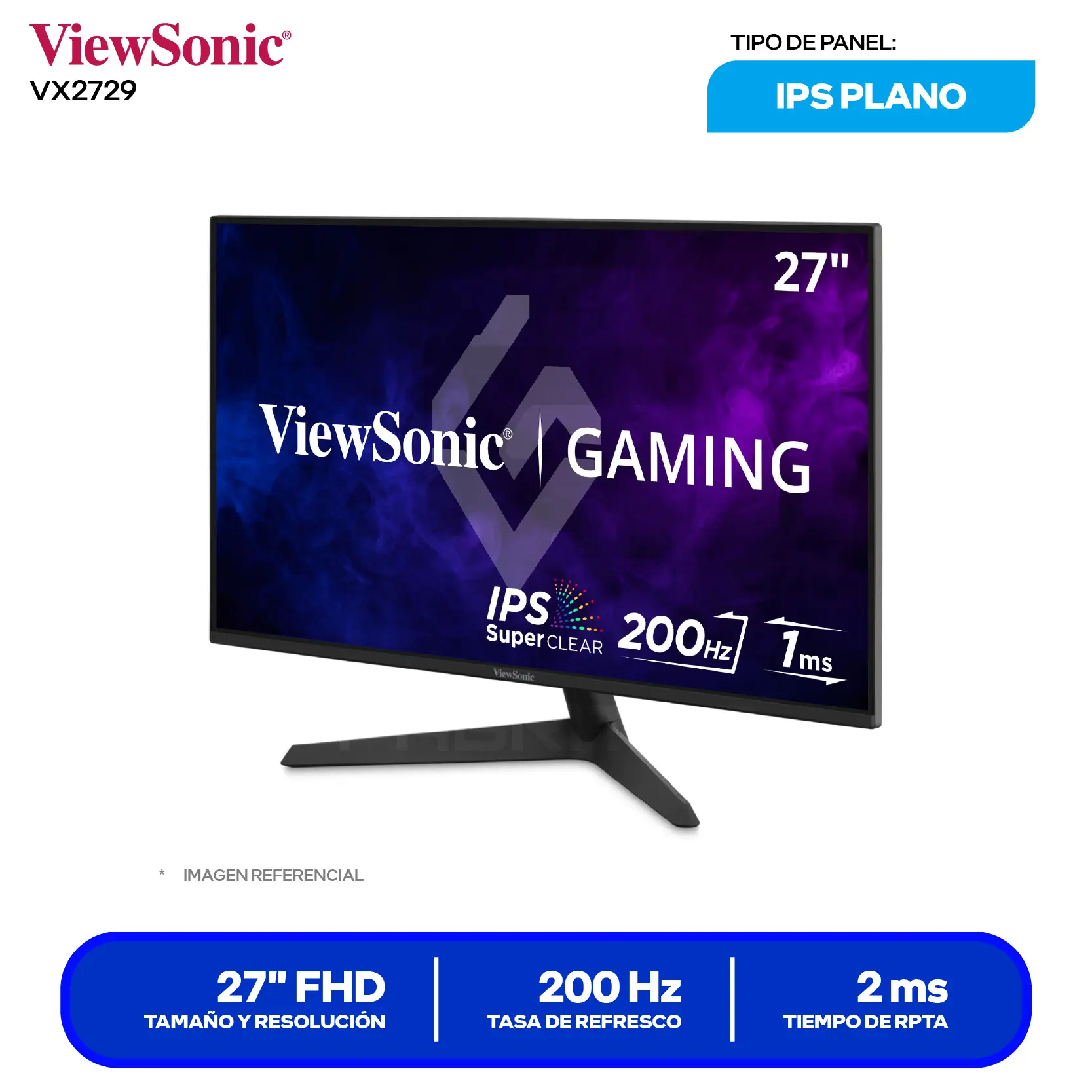Monitor ViewSonic 27" (VX2729) FHD, 200Hz, 2ms, Plano, Altavoces Integrados