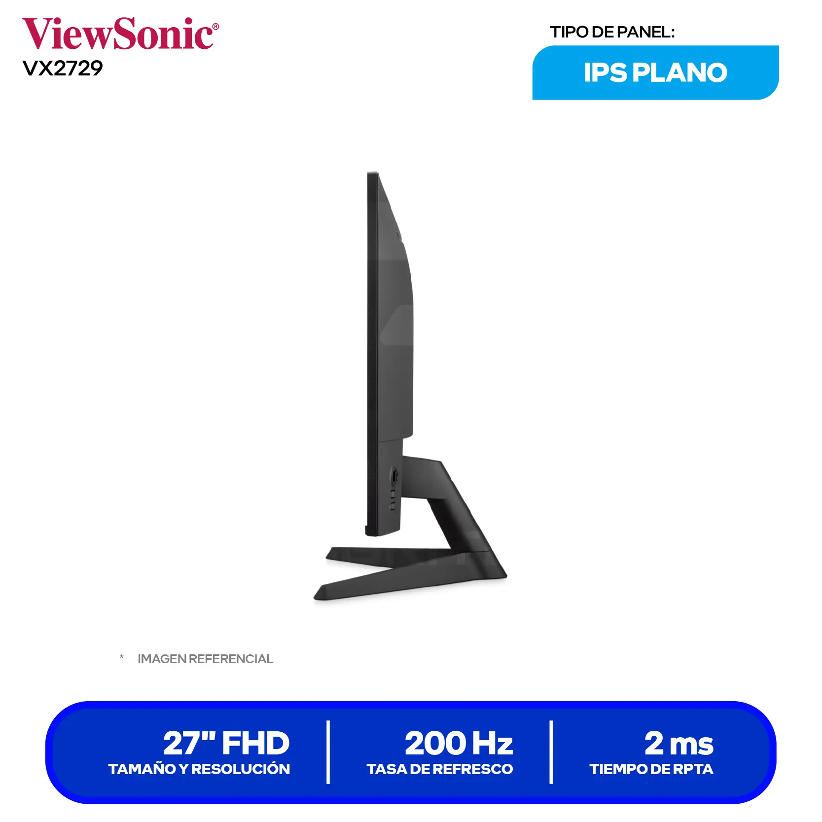 Monitor ViewSonic 27" (VX2729) FHD, 200Hz, 2ms, Plano, Altavoces Integrados