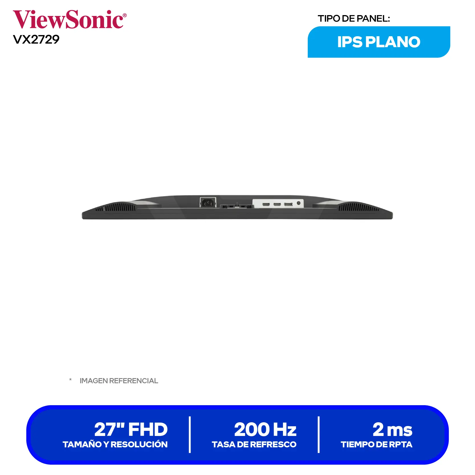 Monitor ViewSonic 27" (VX2729) FHD, 200Hz, 2ms, Plano, Altavoces Integrados
