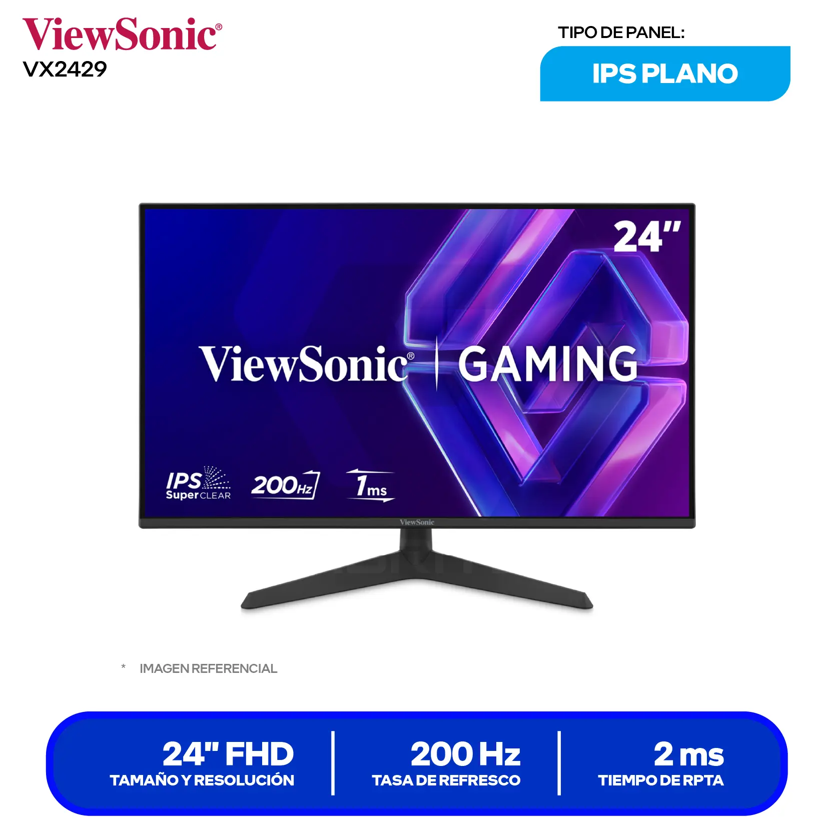 Monitor ViewSonic 24" (VX2429) FHD, 200Hz, 2ms, Plano, Altavoces Integrados