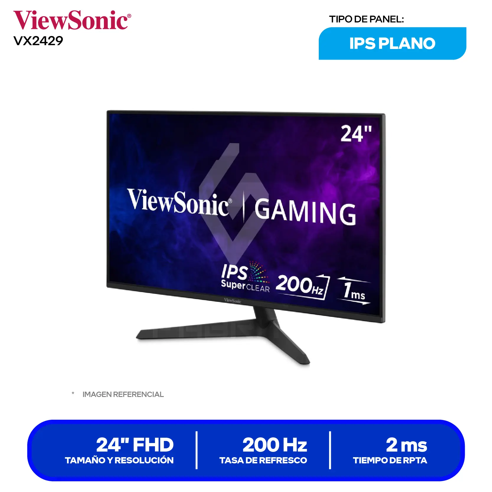 Monitor ViewSonic 24" (VX2429) FHD, 200Hz, 2ms, Plano, Altavoces Integrados