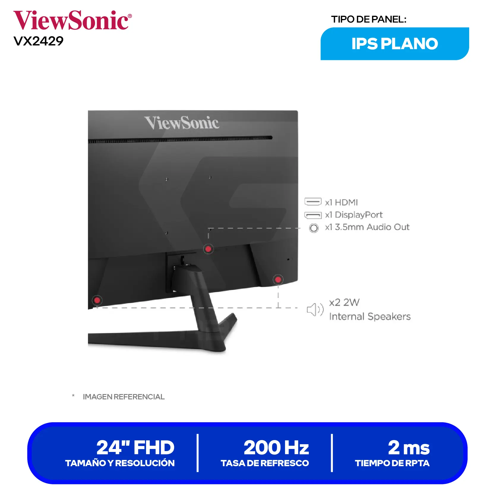 Monitor ViewSonic 24" (VX2429) FHD, 200Hz, 2ms, Plano, Altavoces Integrados