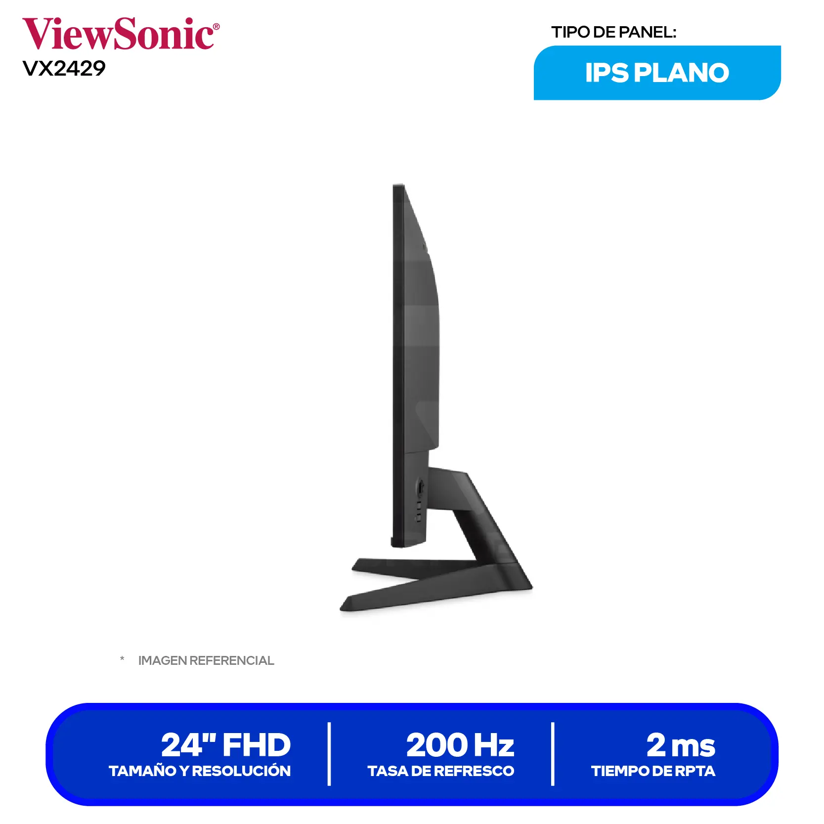 Monitor ViewSonic 24" (VX2429) FHD, 200Hz, 2ms, Plano, Altavoces Integrados