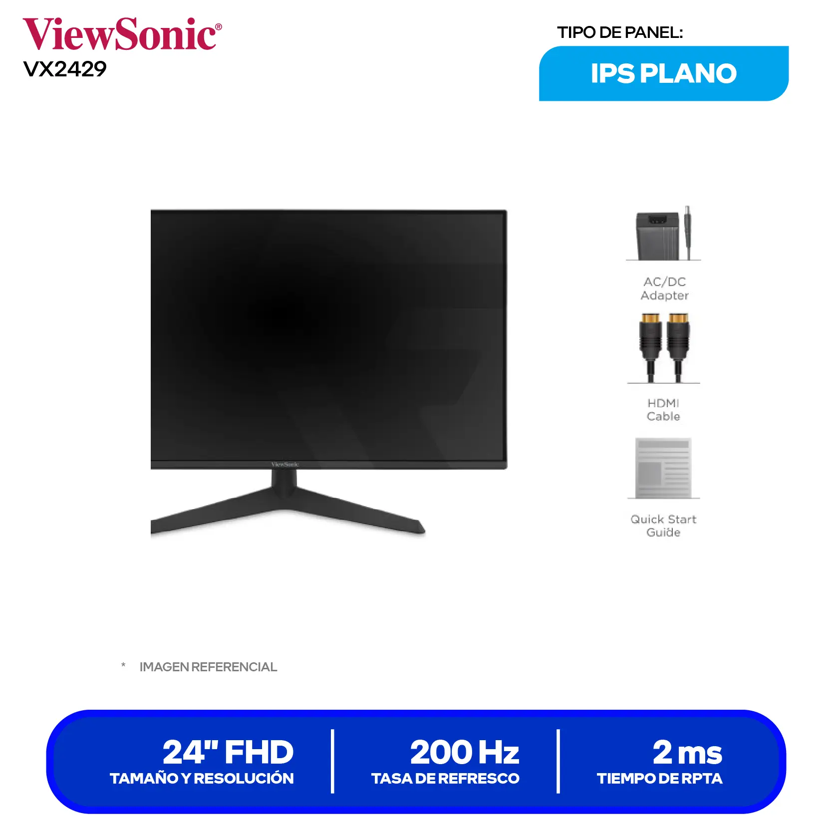 Monitor ViewSonic 24" (VX2429) FHD, 200Hz, 2ms, Plano, Altavoces Integrados