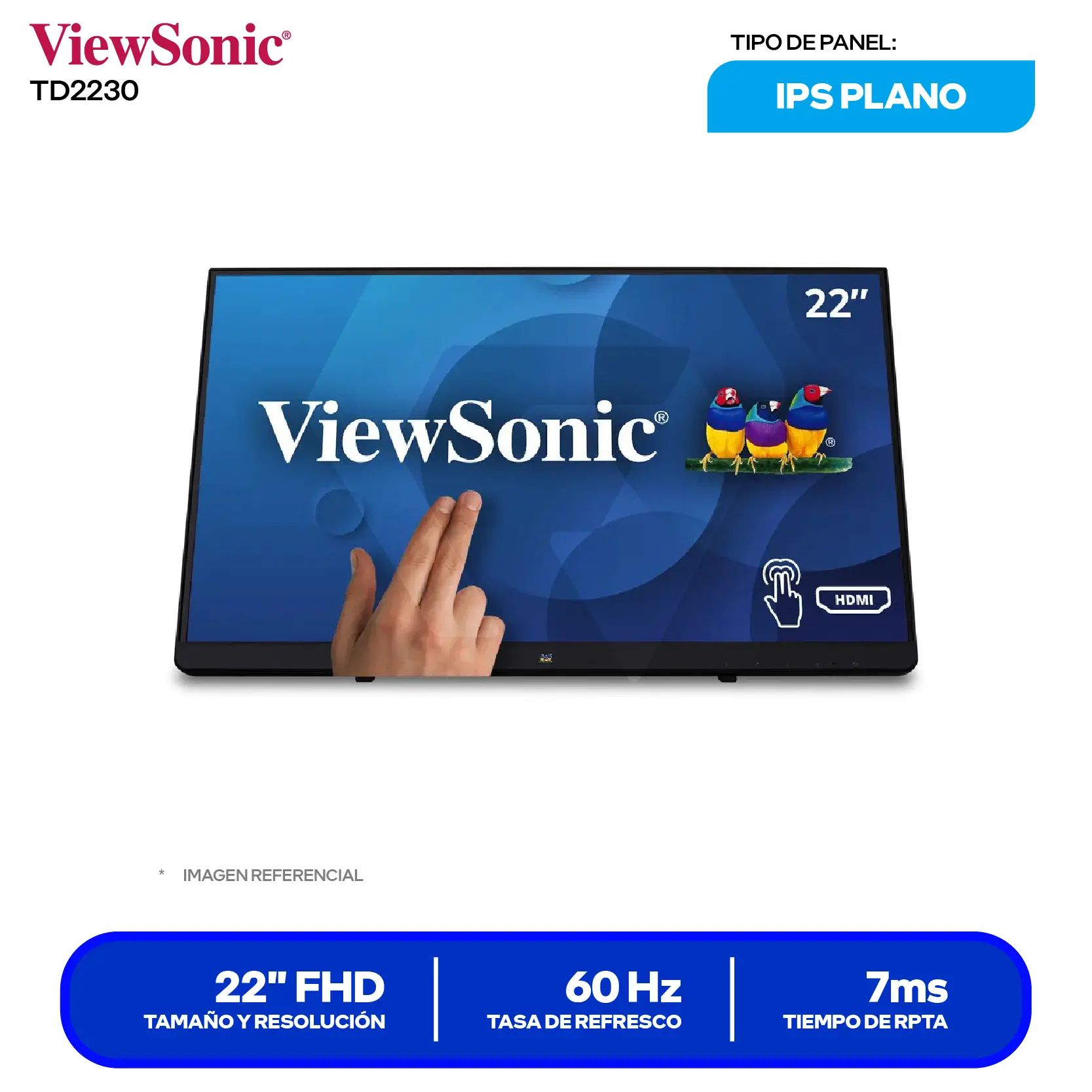 Monitor ViewSonic 22'' Táctil (TD2230) FHD, 60Hz, 14ms, Plano, Altavoces Integrados