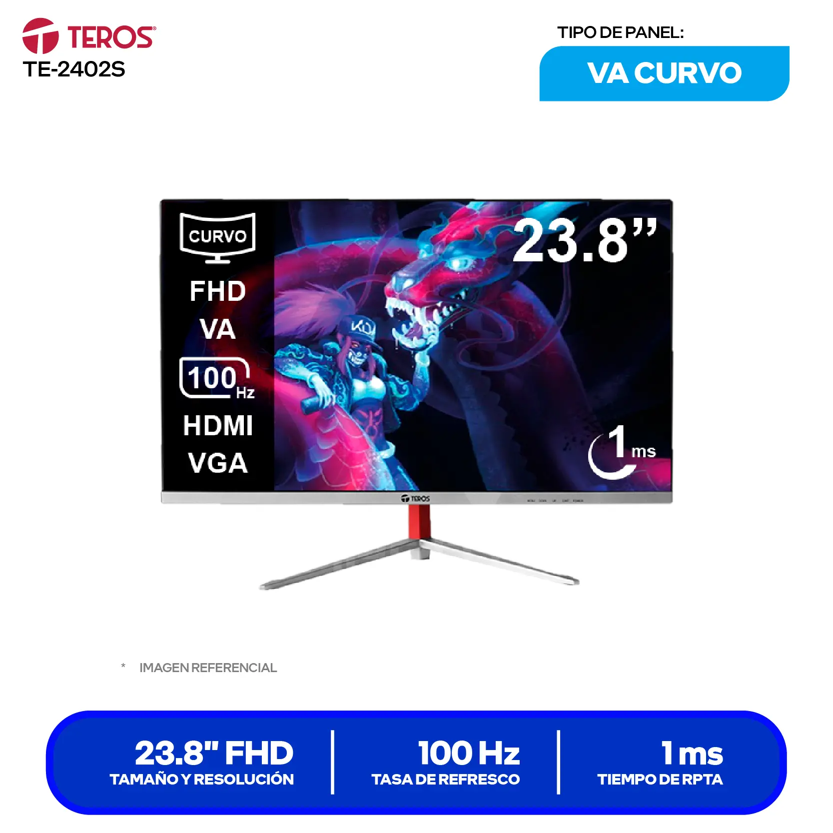 Monitor Teros LED 24" Curvo (TE-2402S) FHD, 100Hz, 1ms, Curvo