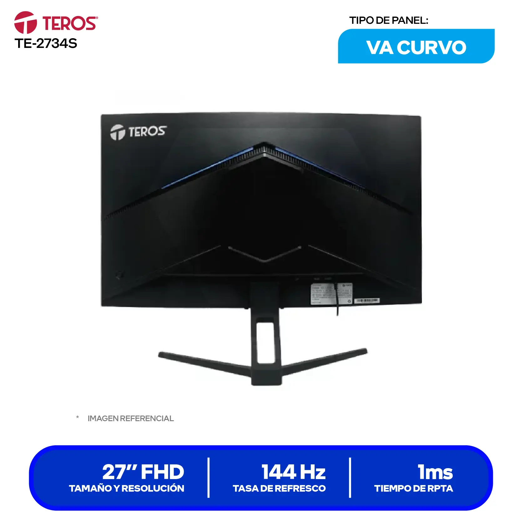 Monitor Teros Curvo 27" VA (TE-2734S) FHD, 144Hz, 1ms, Curvo, Altavoces Integrados