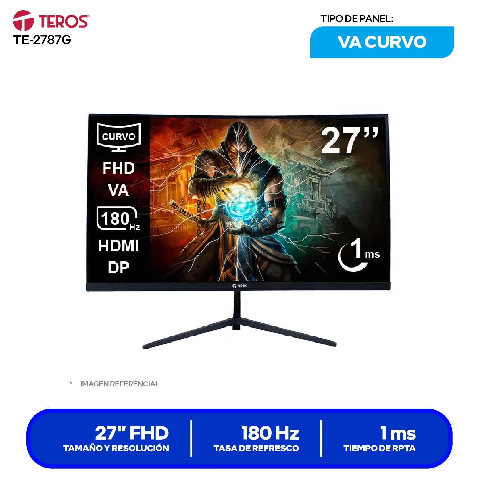 Monitor Teros Gaming 27" VA (TE-2787G) FHD, 180Hz, 1ms, Curvo