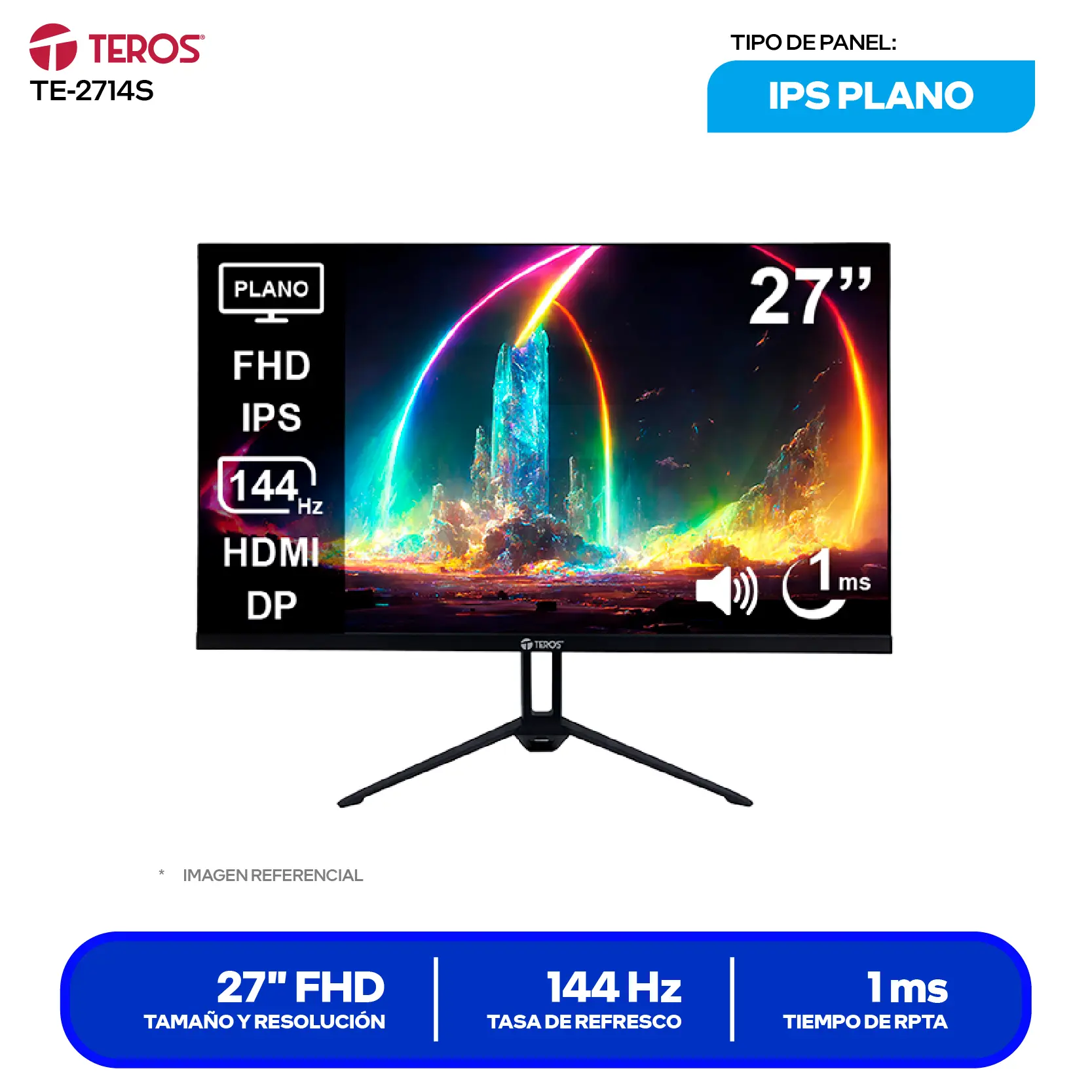 Monitor Teros 27" IPS (TE-2714S) FHD, 144Hz, 1ms, Plano, Altavoces Integrados