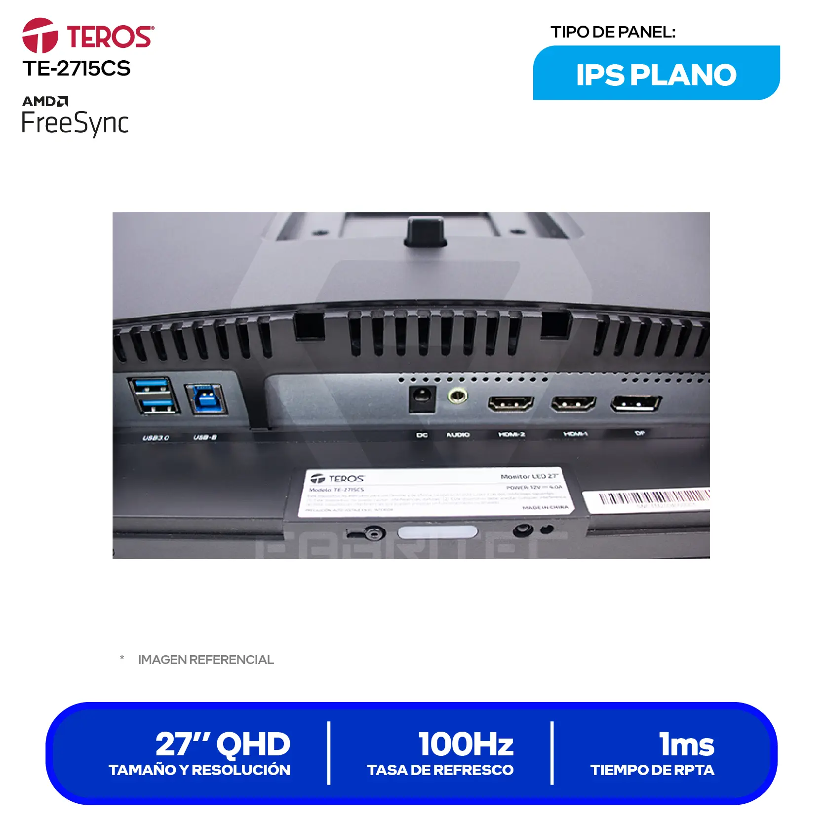 Monitor Teros 27" IPS (TE-2715CS) QHD, 100Hz, 1ms, Plano, Altavoces Integrados