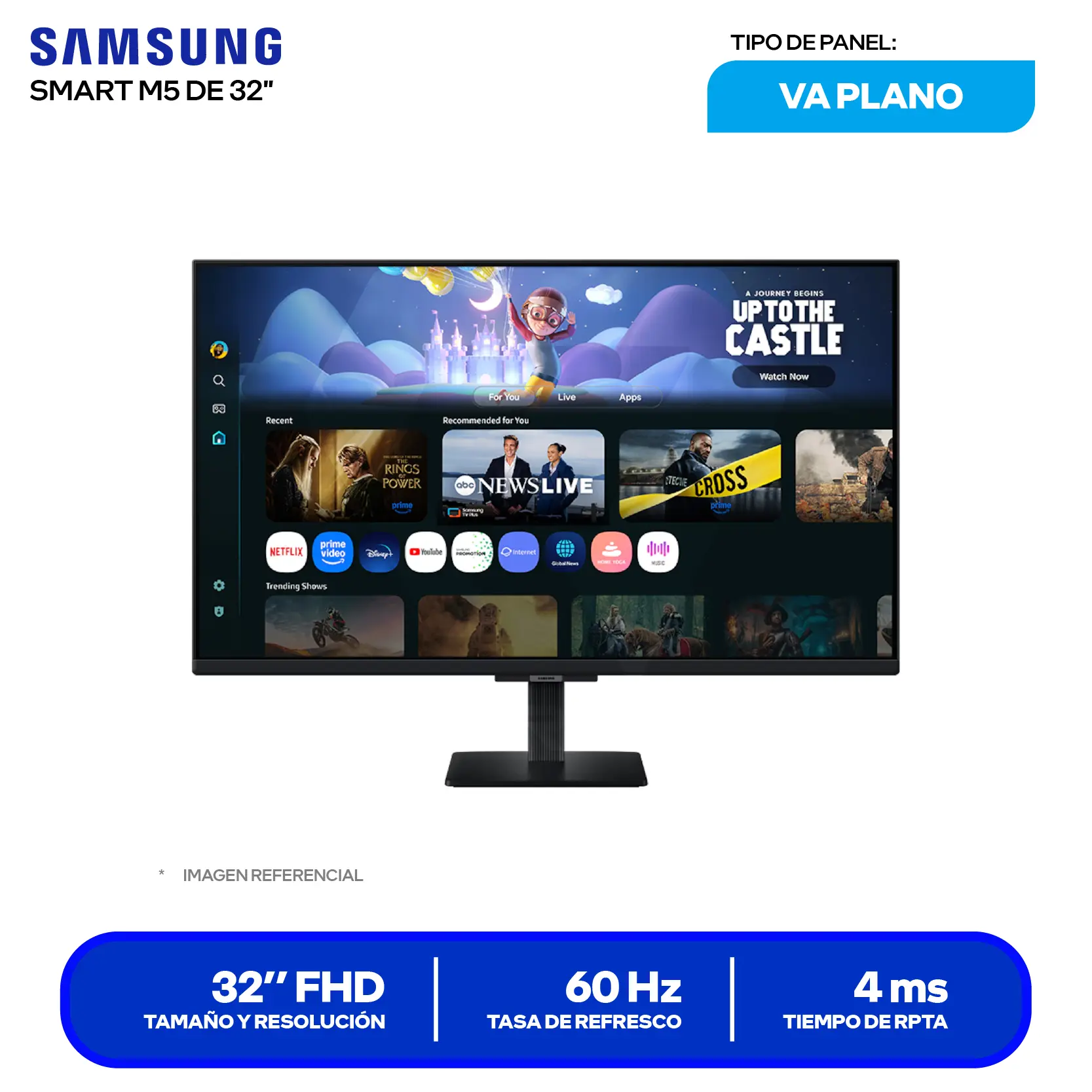 Monitor Smart Samsung M5 32" (LS32FM500ELXPE) FHD, 60Hz, 4ms, Plano, Altavoces Integrados