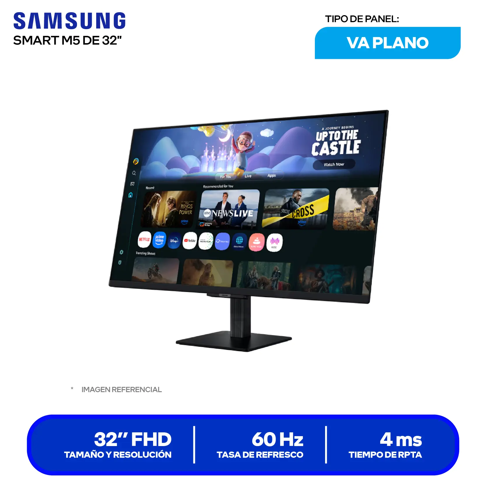 Monitor Smart Samsung M5 32" (LS32FM500ELXPE) FHD, 60Hz, 4ms, Plano, Altavoces Integrados