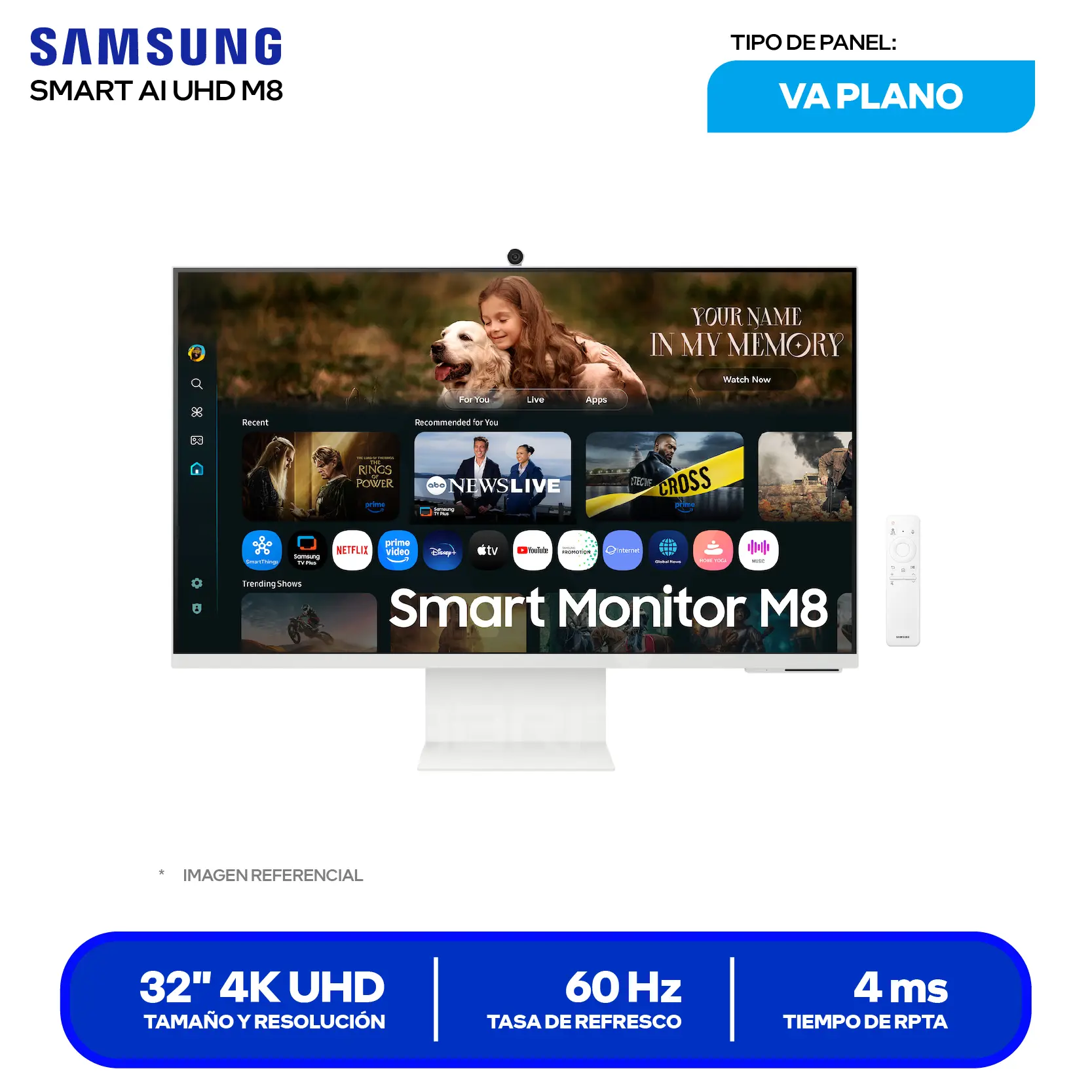 Monitor Smart Samsung M8 32" (LS32FM801ULXPE) 4K, 60Hz, 4ms, Plano, Altavoces Integrados