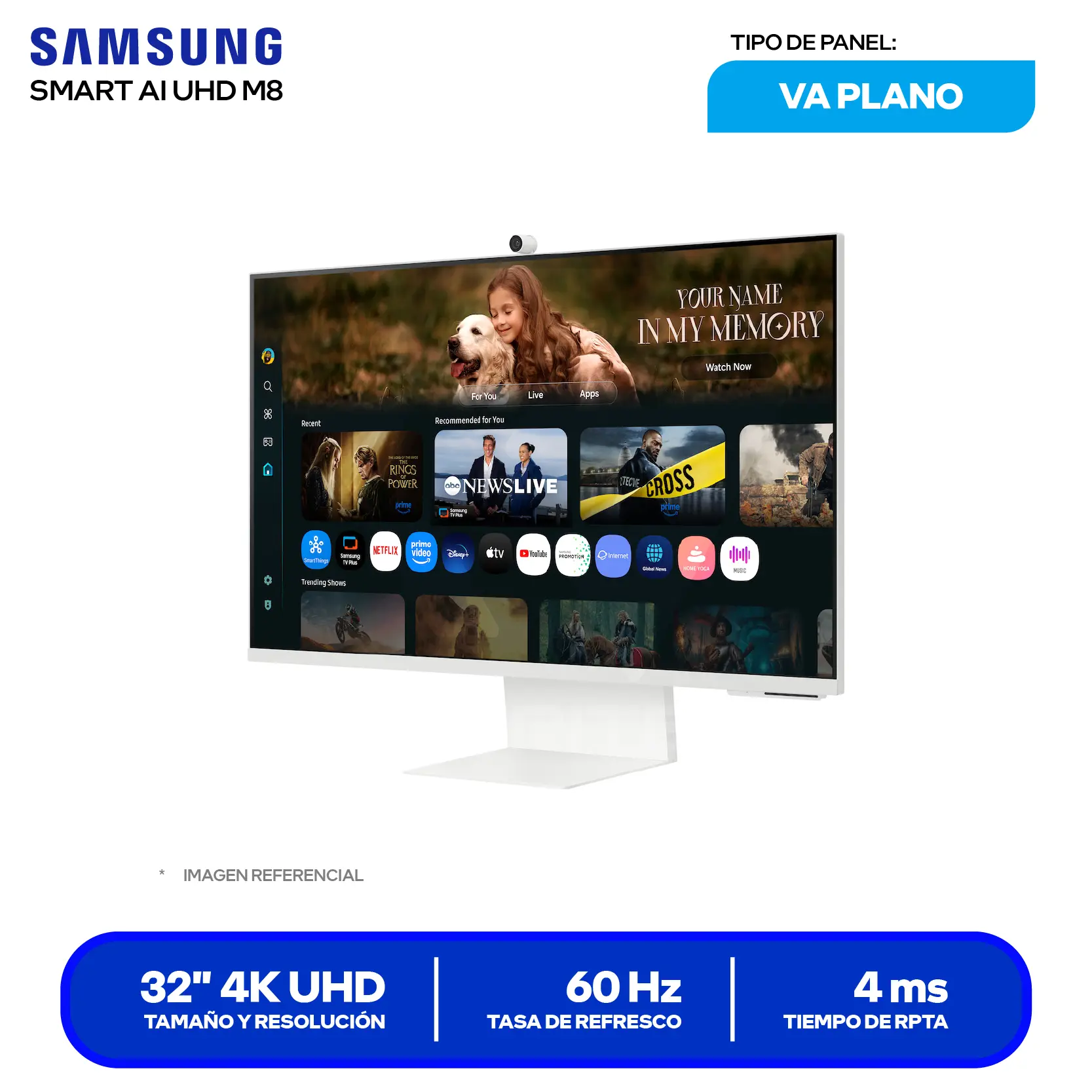 Monitor Smart Samsung M8 32" (LS32FM801ULXPE) 4K, 60Hz, 4ms, Plano, Altavoces Integrados