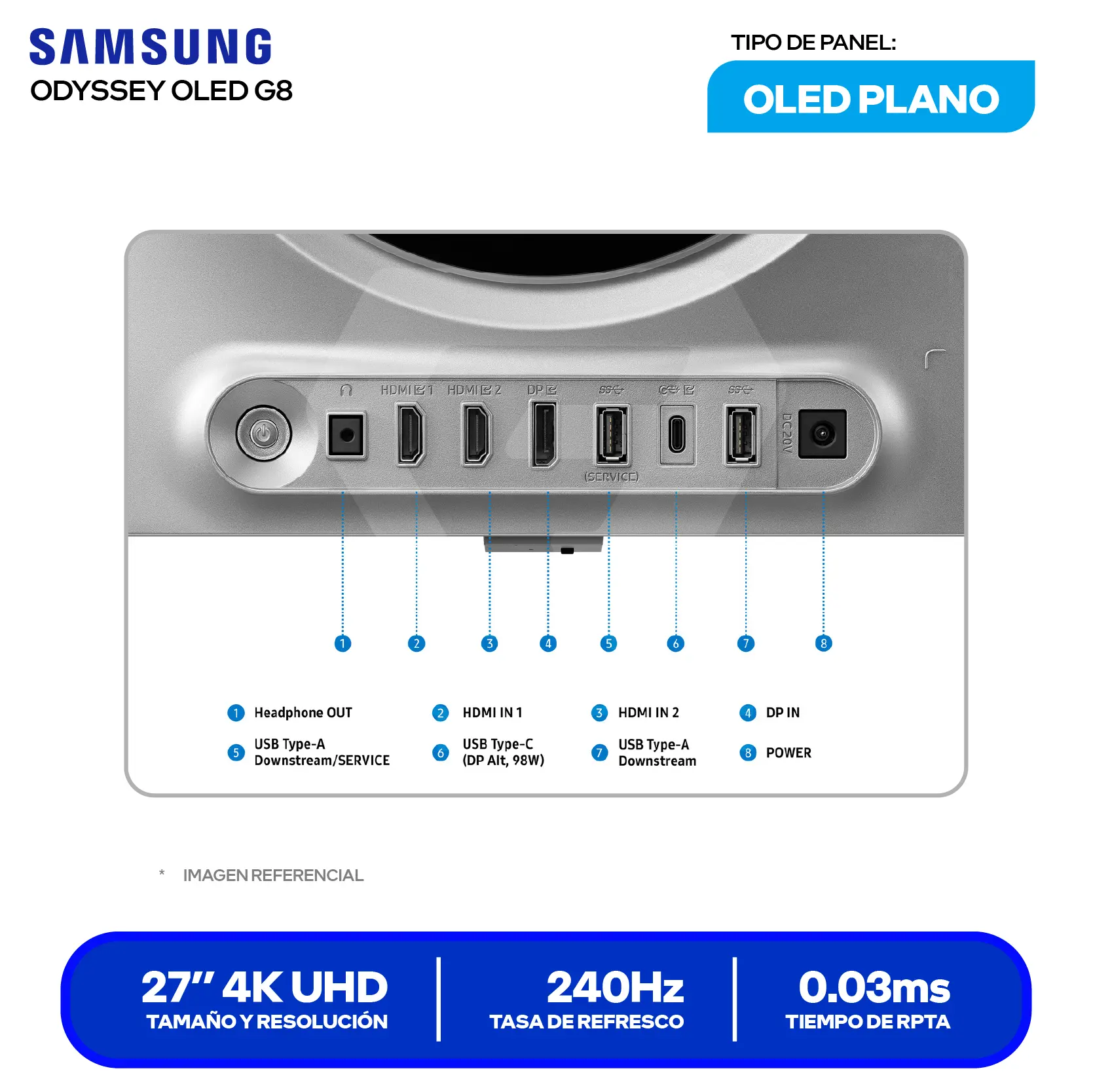 Monitor Samsung Odyssey G8 27" OLED (LS27HG800SNXZA) 4K, 240Hz, 0.03ms, Plano