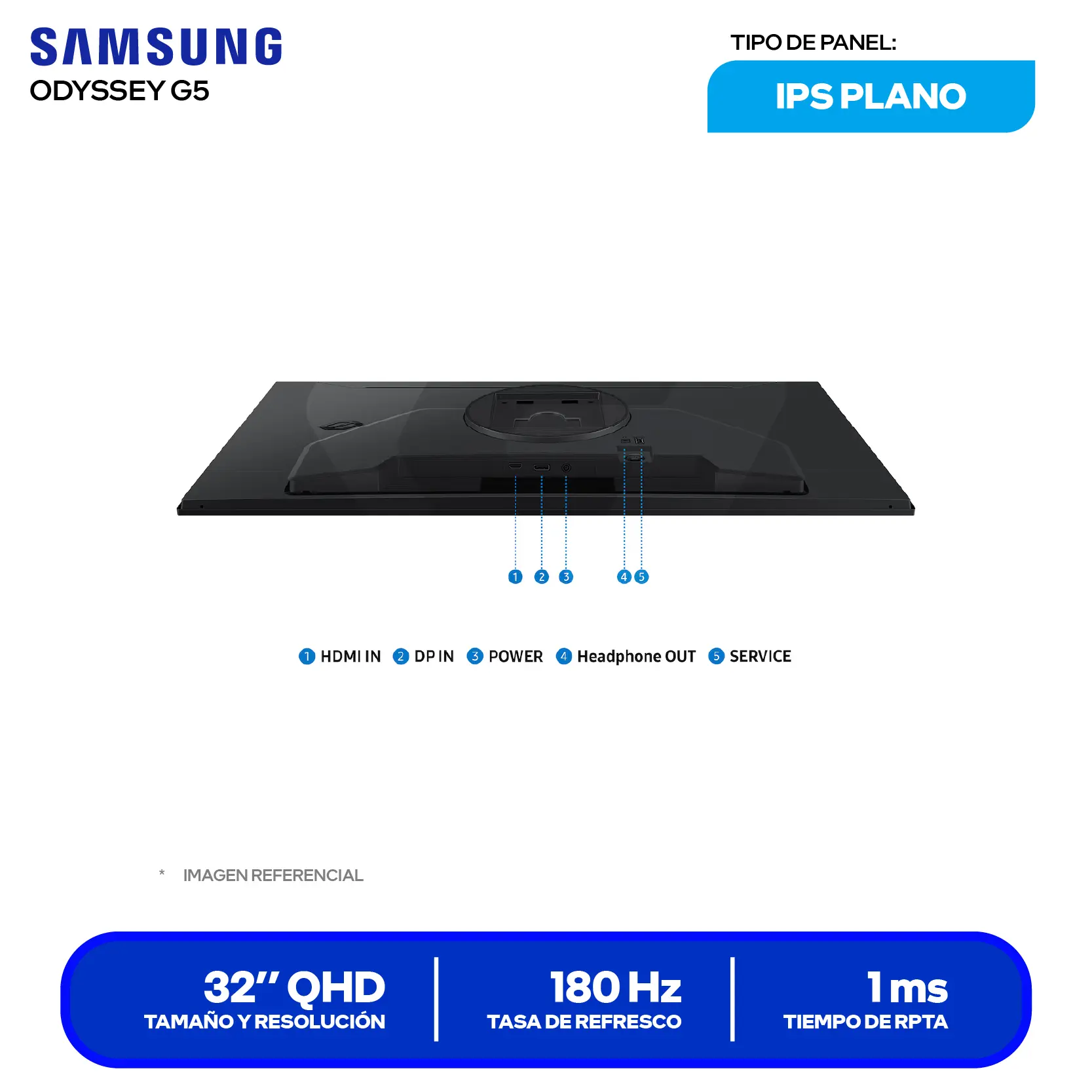 Monitor Samsung Odyssey G5 32" IPS (LS32FG500ELXPE) QHD, 180Hz, 1ms, Plano