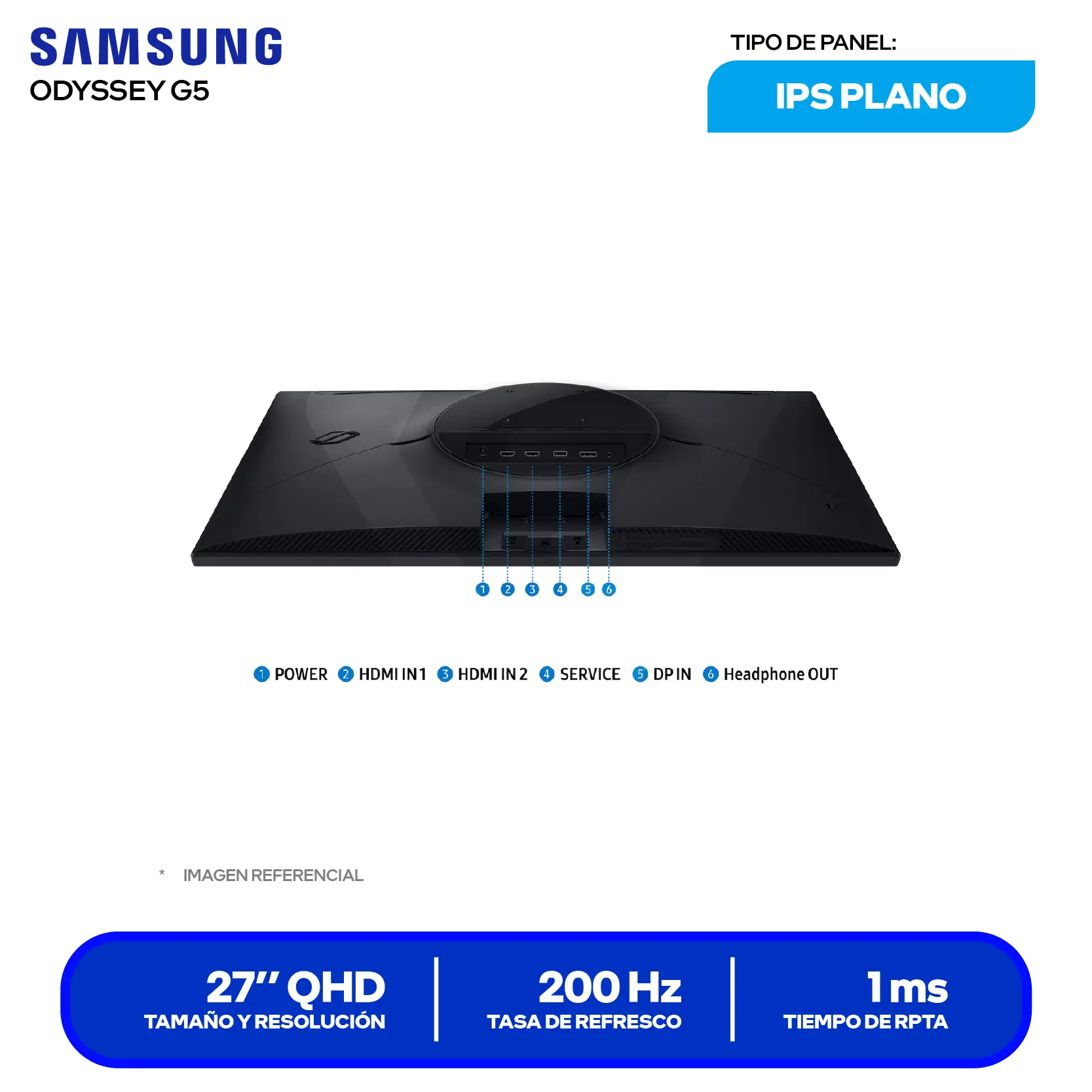 MONITOR SAMSUNG ODYSSEY G5 27" (LS27FG530ELXPE) | QHD 2560 X 1440 IPS | 200HZ | 1 MS | FREESYNC | PIVOT