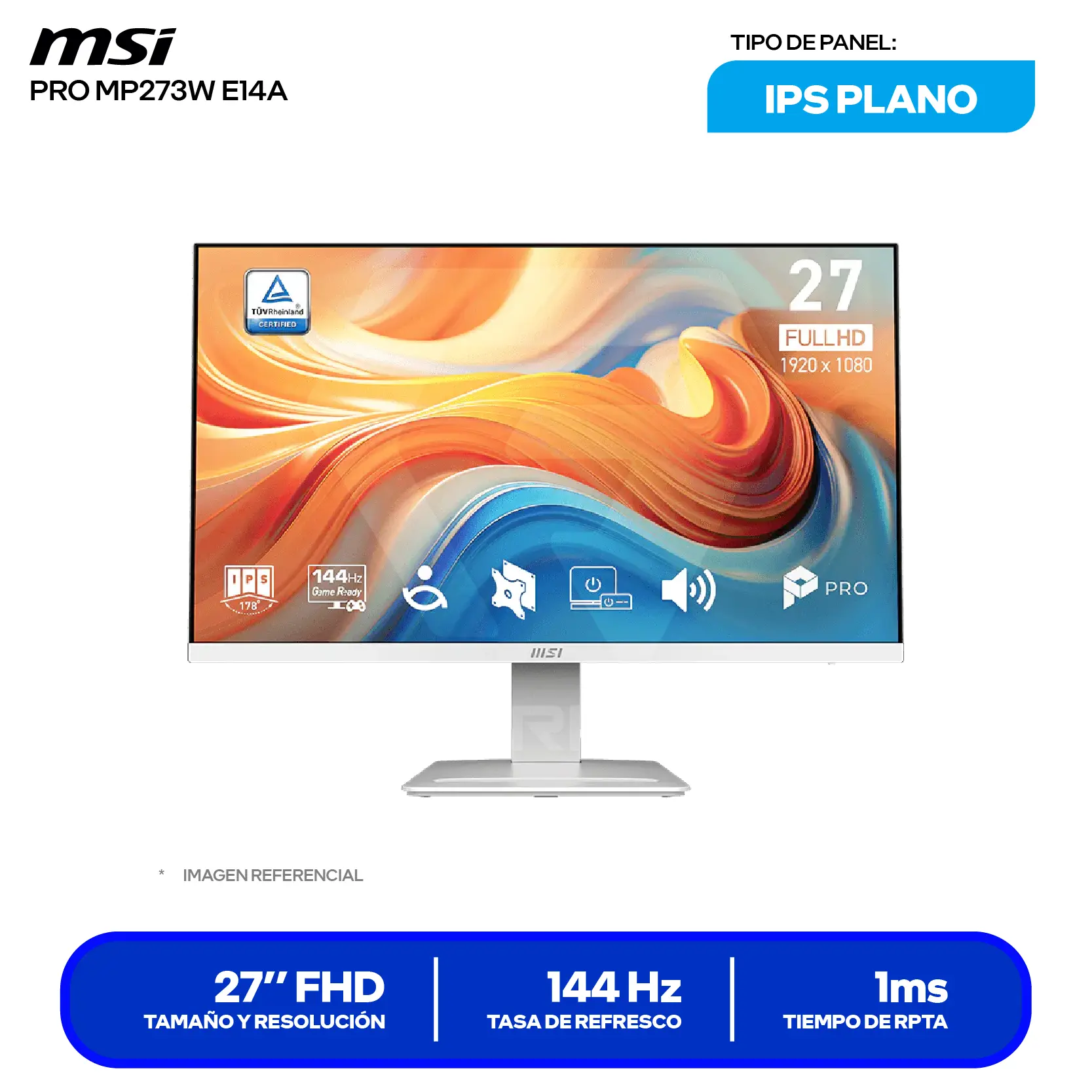Monitor MSI Pro 27" IPS (PRO MP273W E14A) FHD, 144Hz, 1ms, Plano, Altavoces Integrados