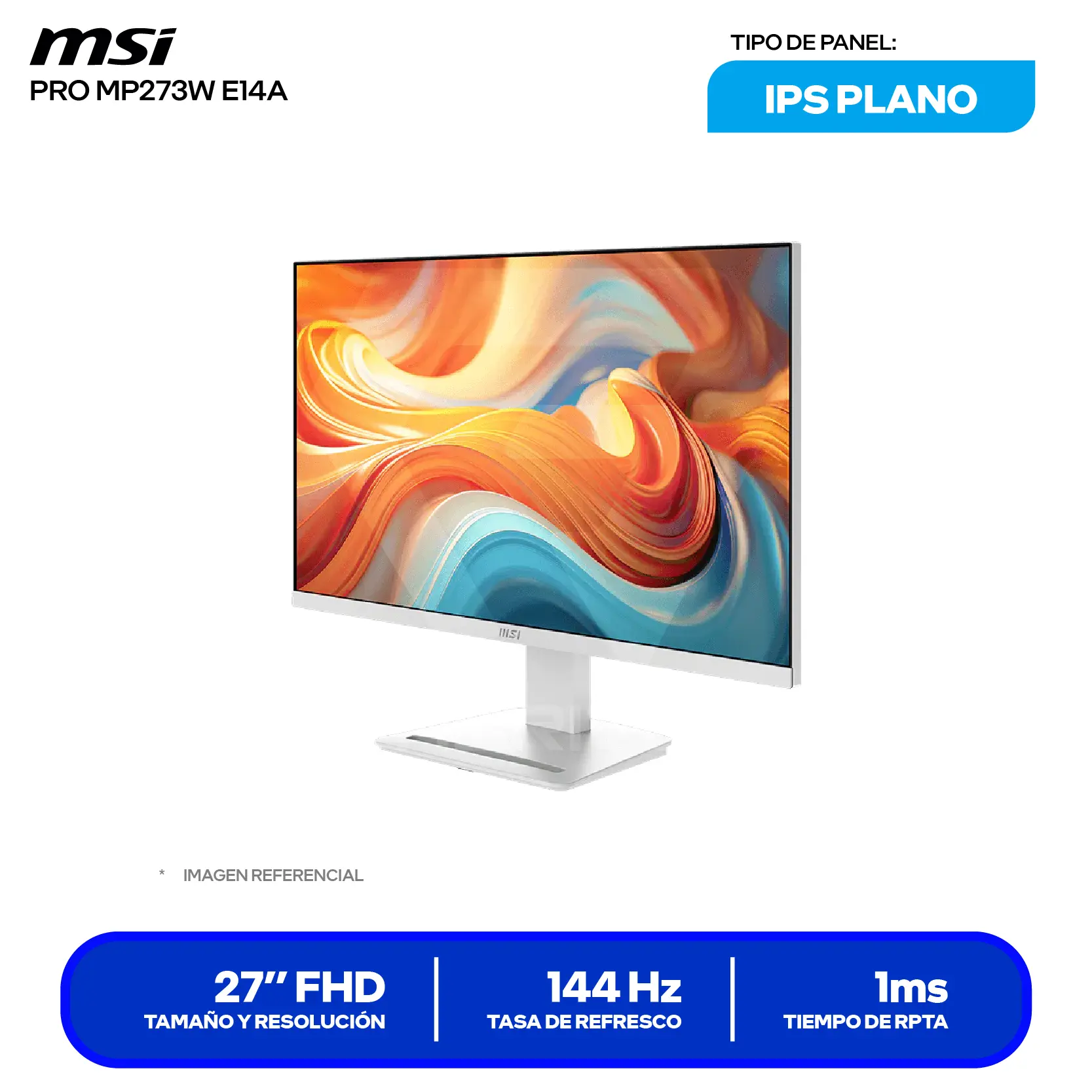 Monitor MSI Pro 27" IPS (PRO MP273W E14A) FHD, 144Hz, 1ms, Plano, Altavoces Integrados