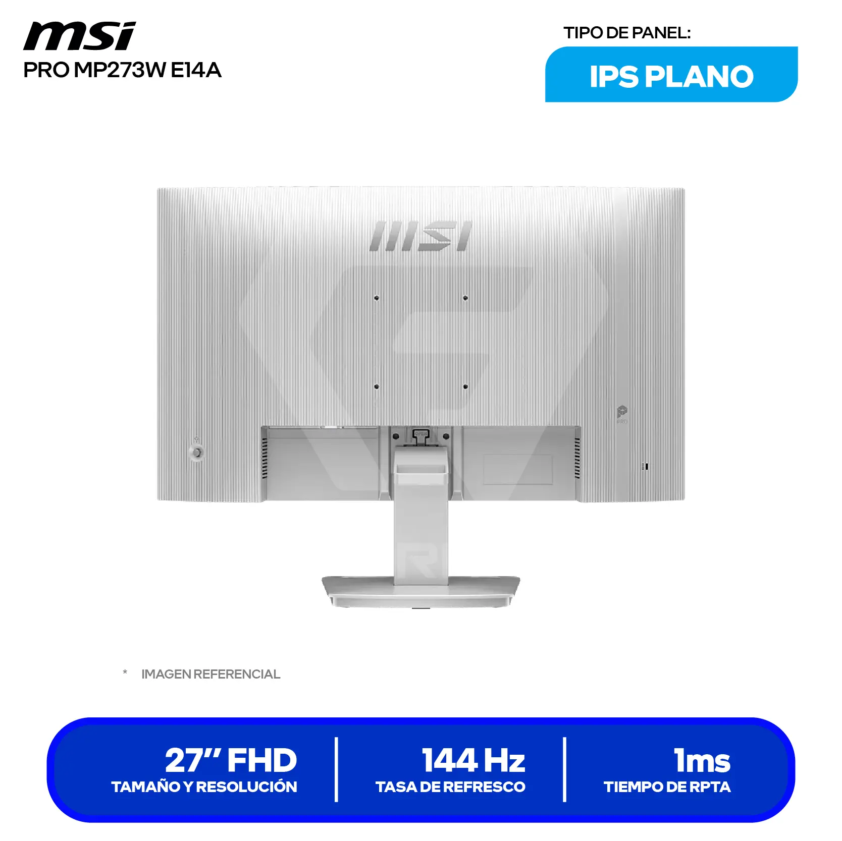 Monitor MSI Pro 27" IPS (PRO MP273W E14A) FHD, 144Hz, 1ms, Plano, Altavoces Integrados