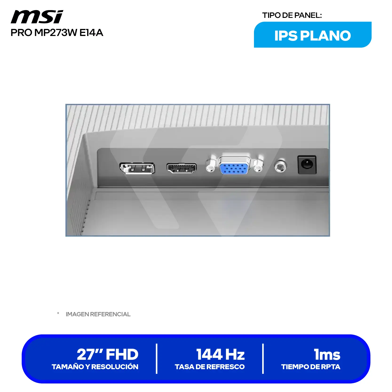 Monitor MSI Pro 27" IPS (PRO MP273W E14A) FHD, 144Hz, 1ms, Plano, Altavoces Integrados