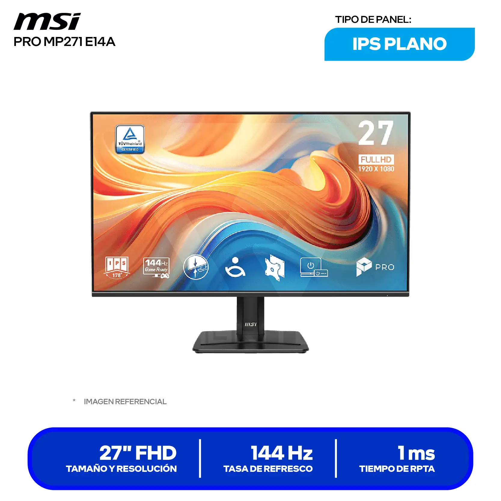 Monitor MSI Pro 27" IPS (PRO MP271 E14A) FHD, 144Hz, 1ms, Plano, Altavoces Integrados