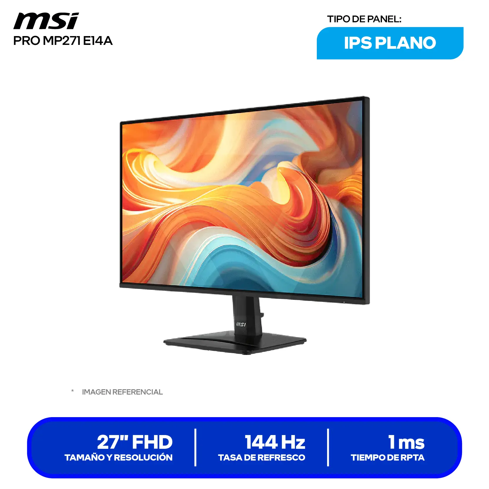 Monitor MSI Pro 27" IPS (PRO MP271 E14A) FHD, 144Hz, 1ms, Plano, Altavoces Integrados