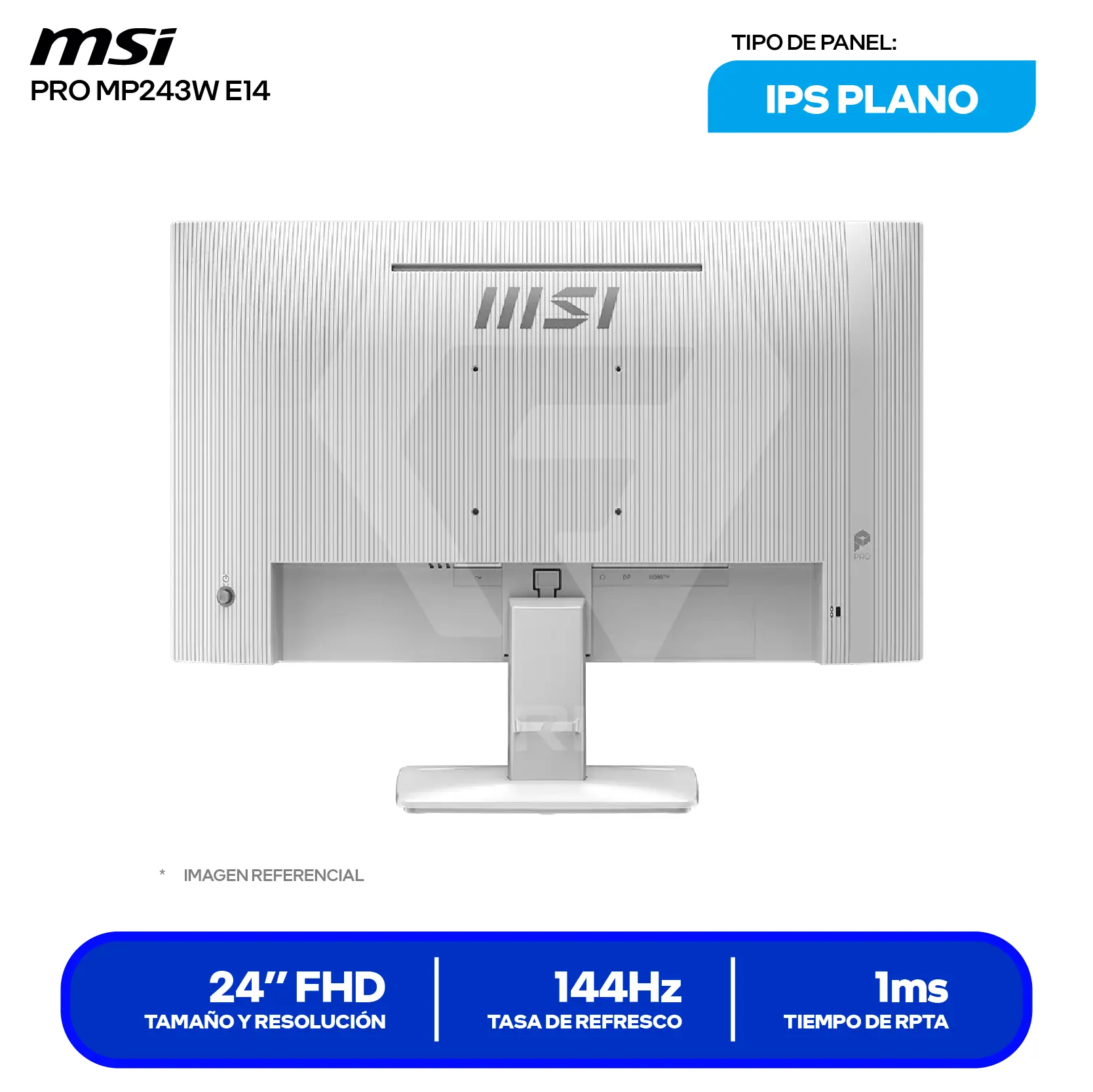 Monitor MSI Pro 23.8" IPS Blanco (PRO MP243W E14 24) FHD, 144Hz, 1ms, Plano, Altavoces Integrados