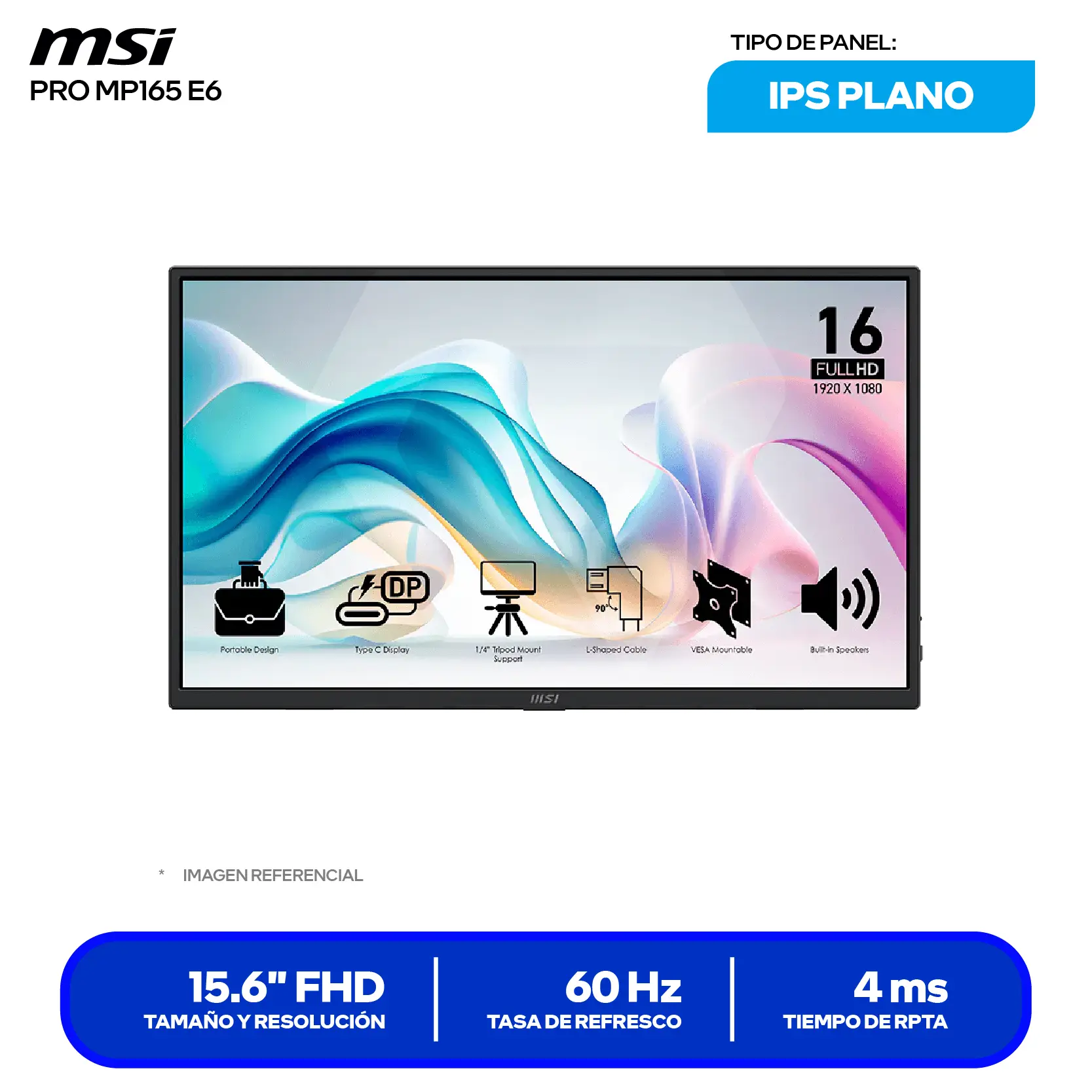 Monitor Portátil MSI Pro MP165 E6 15.6" IPS (3PE5) FHD, 60Hz, 4ms, Plano, Altavoces Integrados