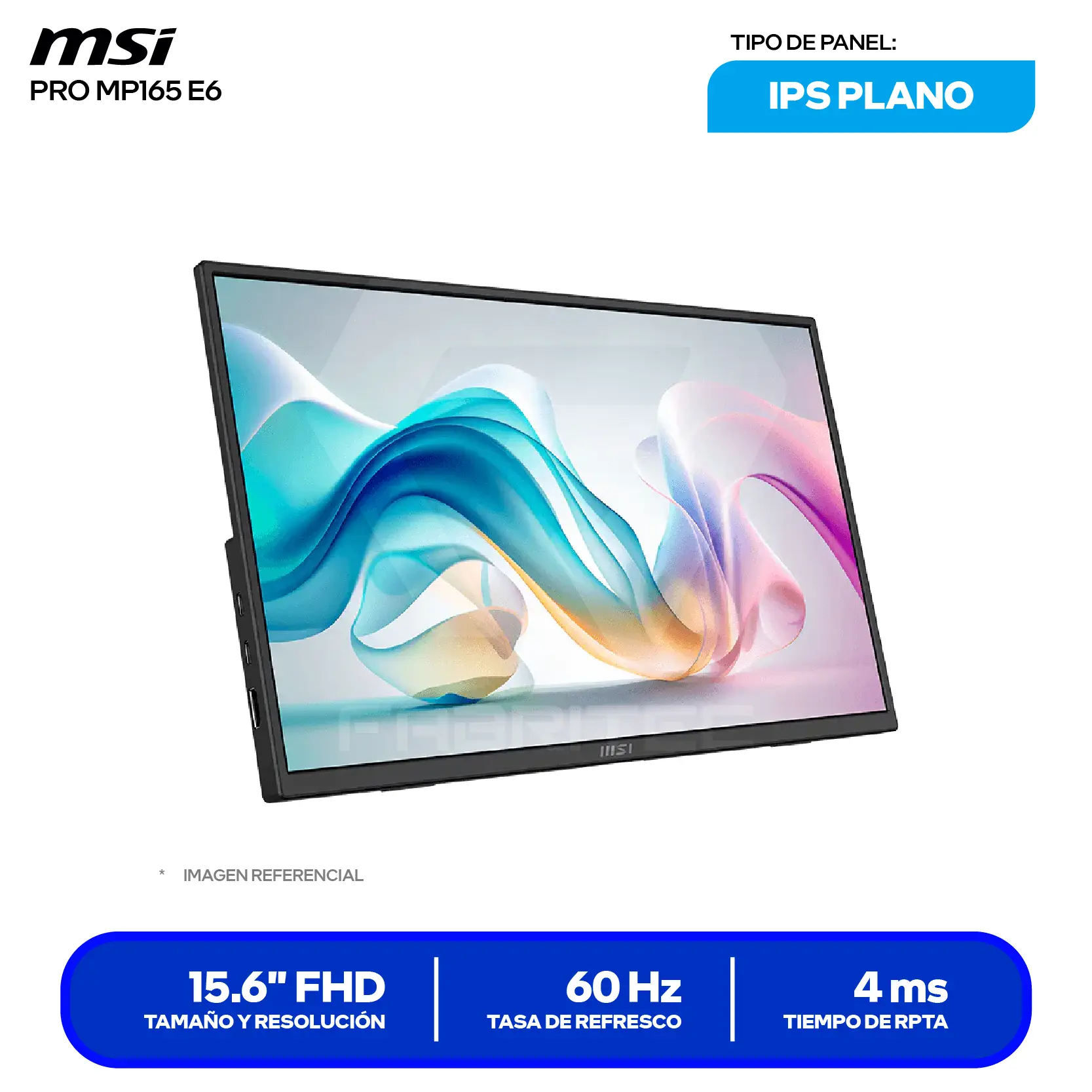 Monitor Portátil MSI Pro MP165 E6 15.6" IPS (3PE5) FHD, 60Hz, 4ms, Plano, Altavoces Integrados