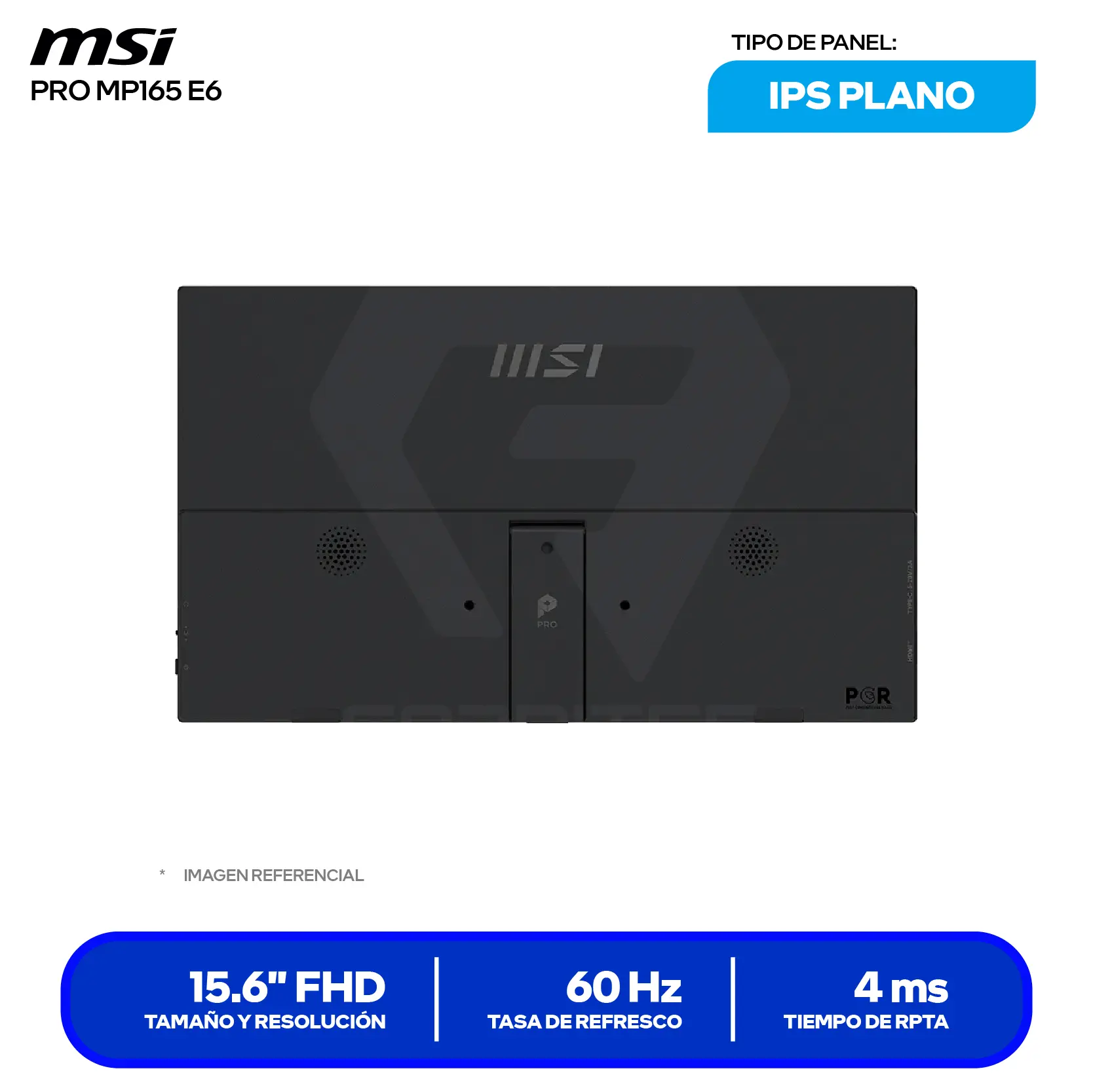 Monitor Portátil MSI Pro MP165 E6 15.6" IPS (3PE5) FHD, 60Hz, 4ms, Plano, Altavoces Integrados