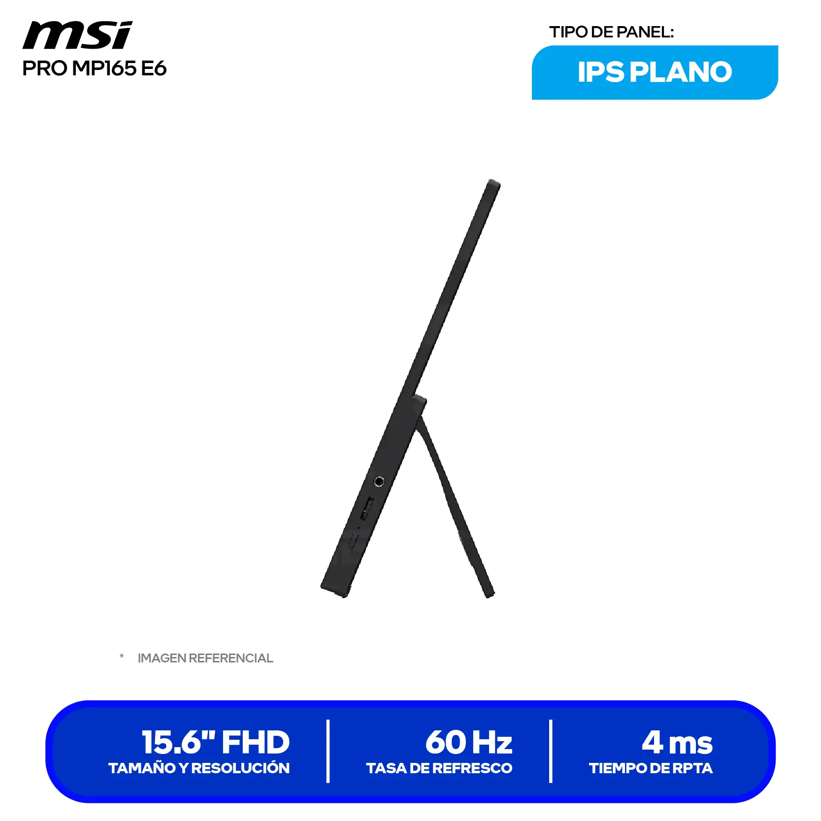 Monitor Portátil MSI Pro MP165 E6 15.6" IPS (3PE5) FHD, 60Hz, 4ms, Plano, Altavoces Integrados