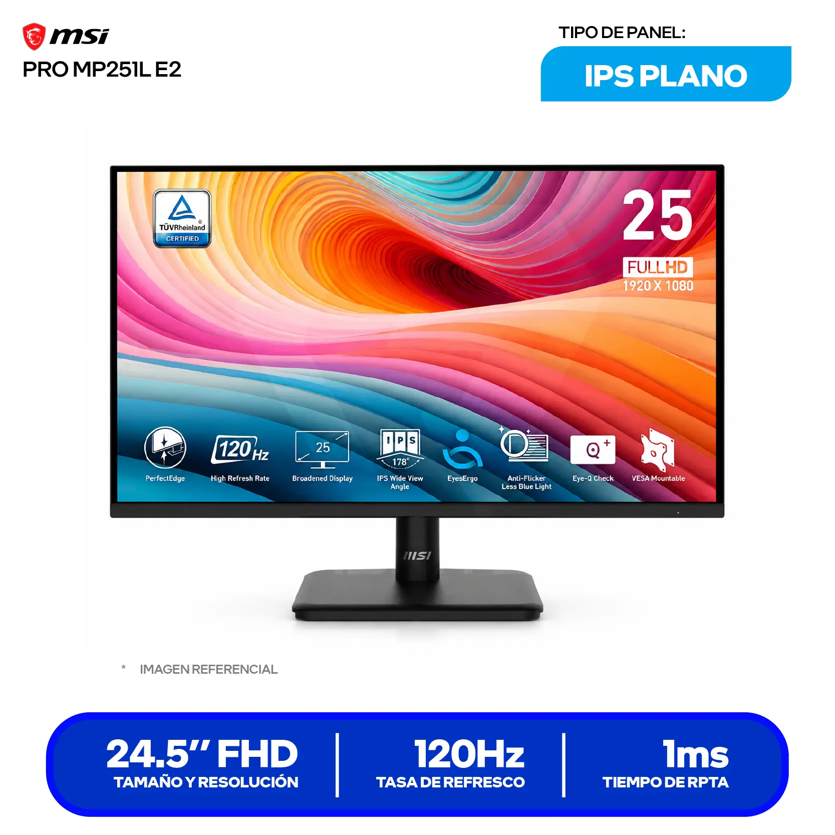 Monitor MSI Pro 24.5" IPS (3PD2) FHD, 120Hz, 1ms, Plano
