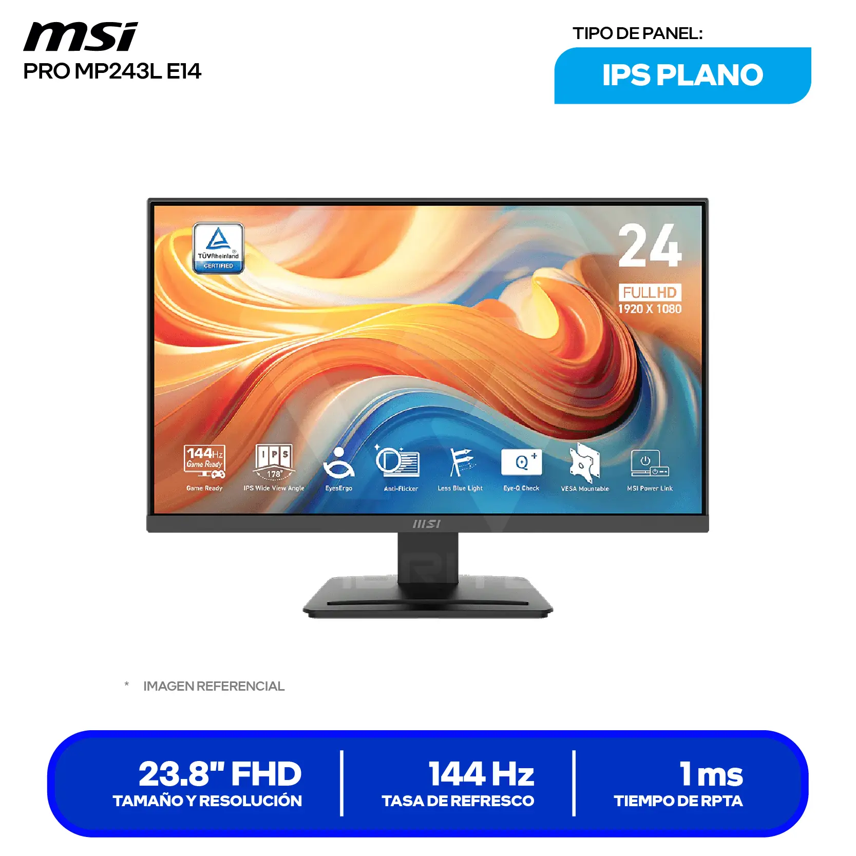 Monitor MSI Pro 23.8" IPS (3PE1) FHD, 144Hz, 1ms, Plano