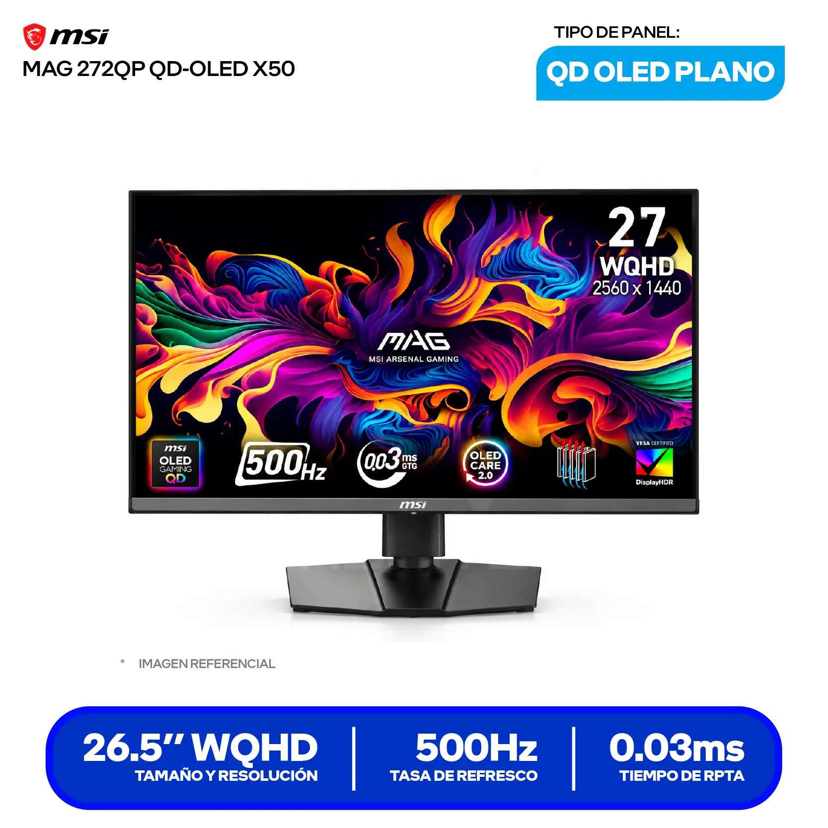 Monitor MSI MAG 27" QD-OLED (3CD7) WQHD, 500Hz, 0.03ms, Plano