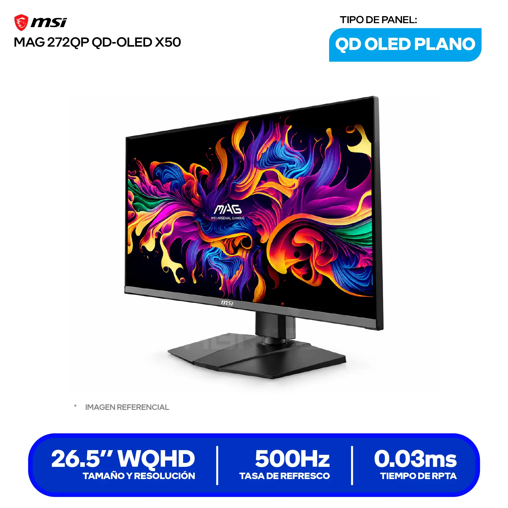 Monitor MSI MAG 27" QD-OLED (3CD7) WQHD, 500Hz, 0.03ms, Plano