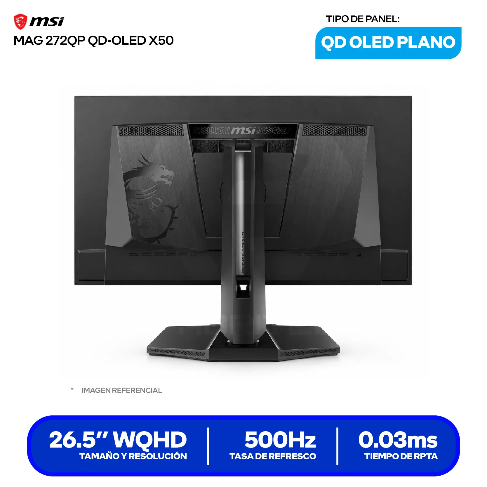 Monitor MSI MAG 27" QD-OLED (3CD7) WQHD, 500Hz, 0.03ms, Plano