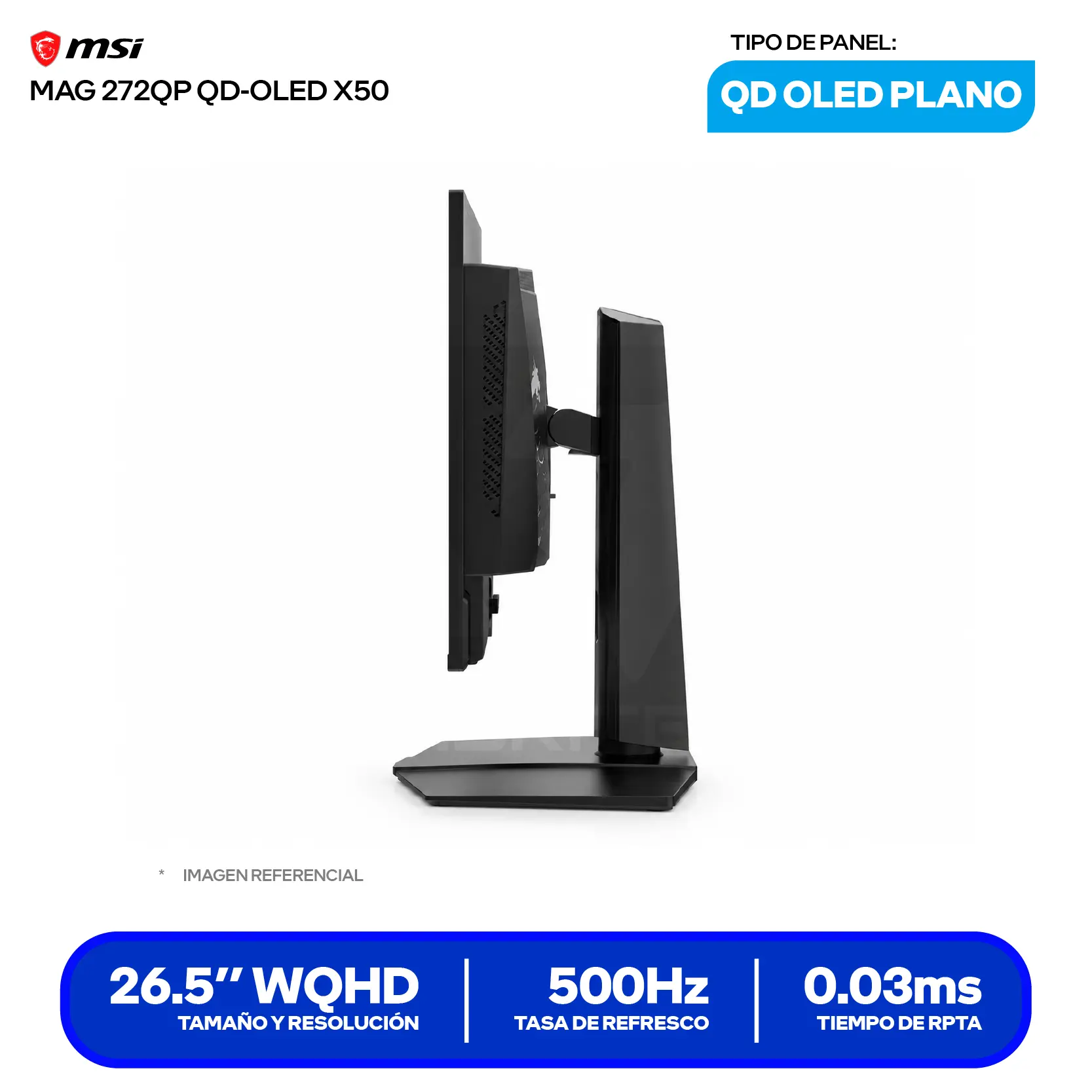 Monitor MSI MAG 27" QD-OLED (3CD7) WQHD, 500Hz, 0.03ms, Plano